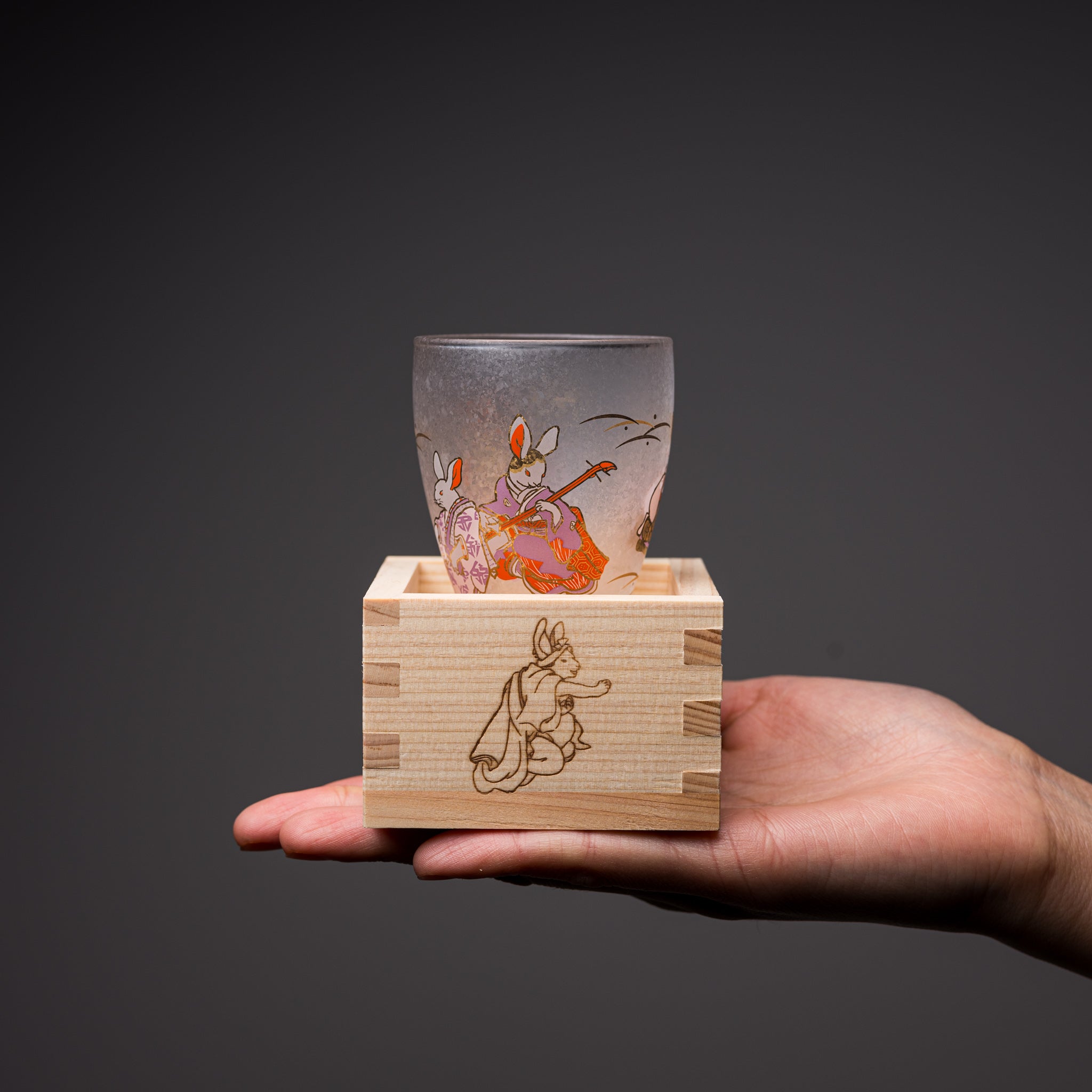 Premium Japanese Lucky Animals Sake Cup Set - Rabbit Design with Traditional Wooden Masu Box | Perfect for Sake Tasting, Japanese Tea Ceremonies & Asian-Themed Parties
