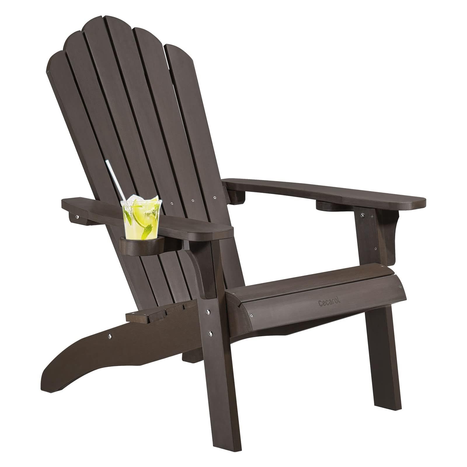 Premium Plastic Adirondack Chair with Cup Holder - Weather-Resistant Outdoor Patio Furniture for Garden, Porch, Lawn & Fire Pit Areas - Comfortable Seating for Relaxation (AC01S, Coffee Brown)