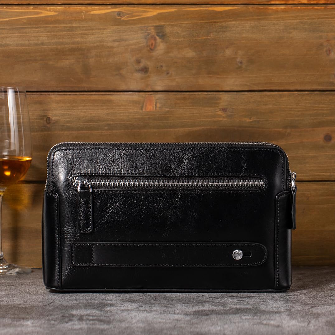 Genuine Leather Men's Clutch Bag - Slim Business Wallet with 2 Zipper Pockets & Card Holder - Perfect for Office, Travel, and Everyday Use