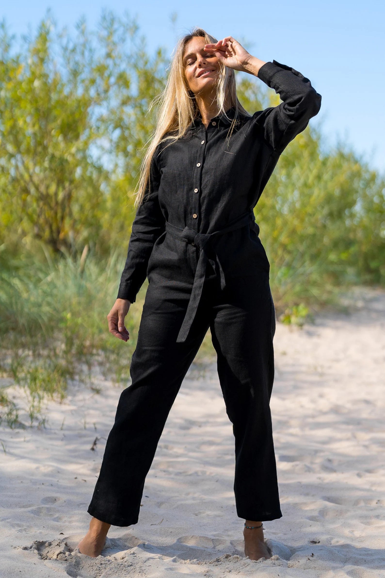 Linen Jumpsuit for Women - LUGANO Black Romper with Pockets | Casual Summer Outfit, Beach Cover-Up, and Travel Essential