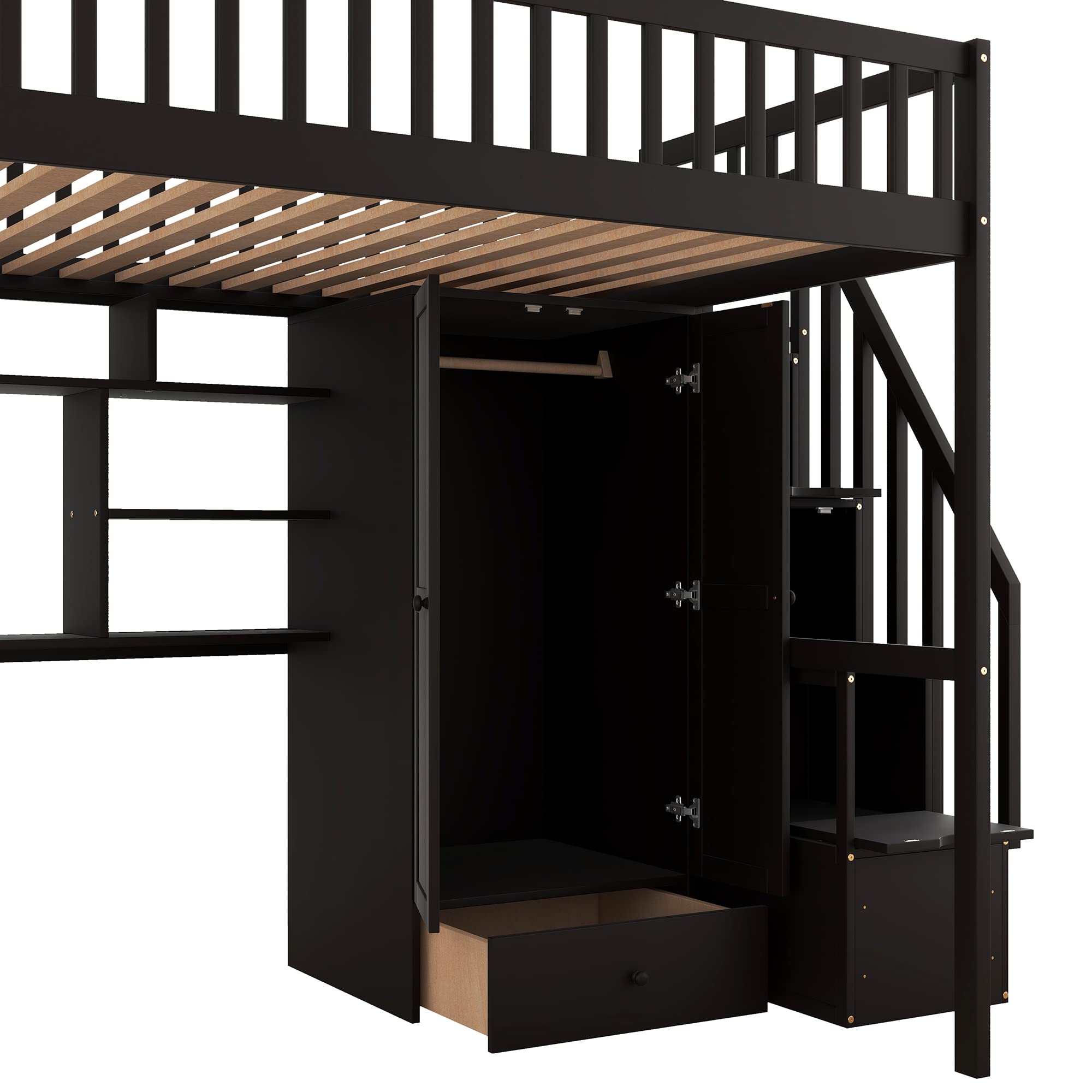 Harper & Bright Designs Full Size Wooden Loft Bed with Stairs, Wardrobe & Desk - Space-Saving Storage Bed with Shelves for Kids, Teens & Small Rooms - Perfect for Dorm, Bedroom or Studio Apartment