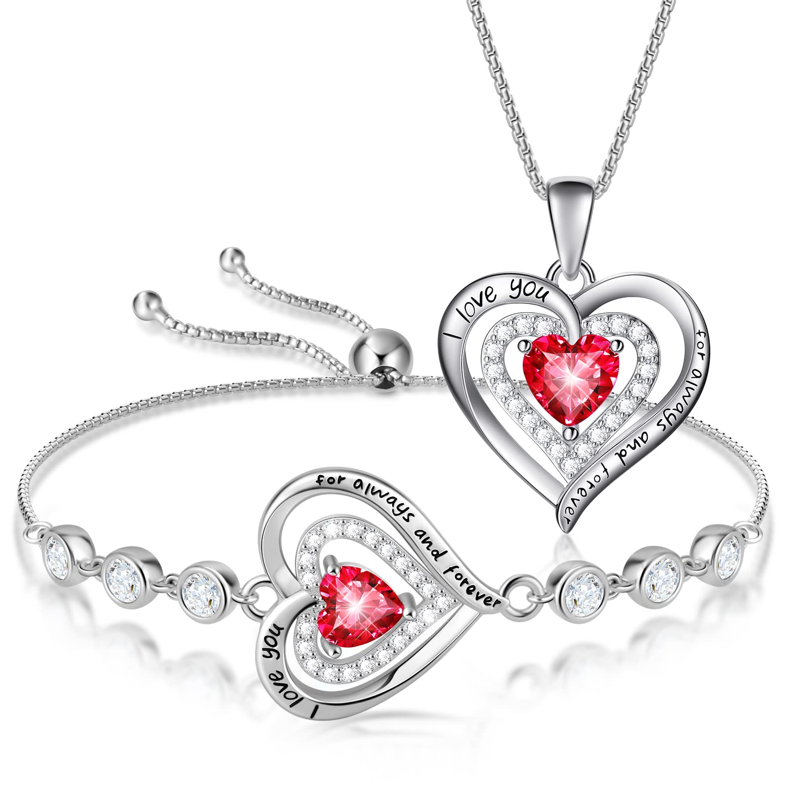 925 Sterling Silver July Birthstone Necklace & Bracelet Set for Women - Ruby Heart Pendant & Tennis Bracelet Jewelry, Elegant Birthday Gift for Mom, Wife, Daughter | Valentine's Day, Anniversary, Graduation Present
