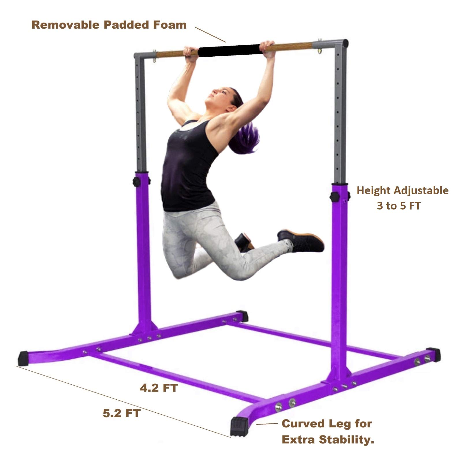 Adjustable Kids Gymnastics Bar - 3 to 5 FT Height Expandable Training Bar with Cushioned Rail & Curved Legs for Home Practice (Purple) | Perfect for Junior Gymnasts, Backyard Training & Indoor Exercise