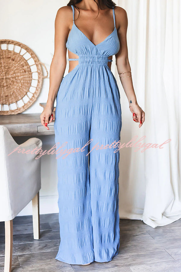 Stylish Crinkle Fabric Cut Out Backless Jumpsuit with Elastic Waist & Pockets - Perfect for Summer Vacations, Beach Getaways, and Night Out Parties