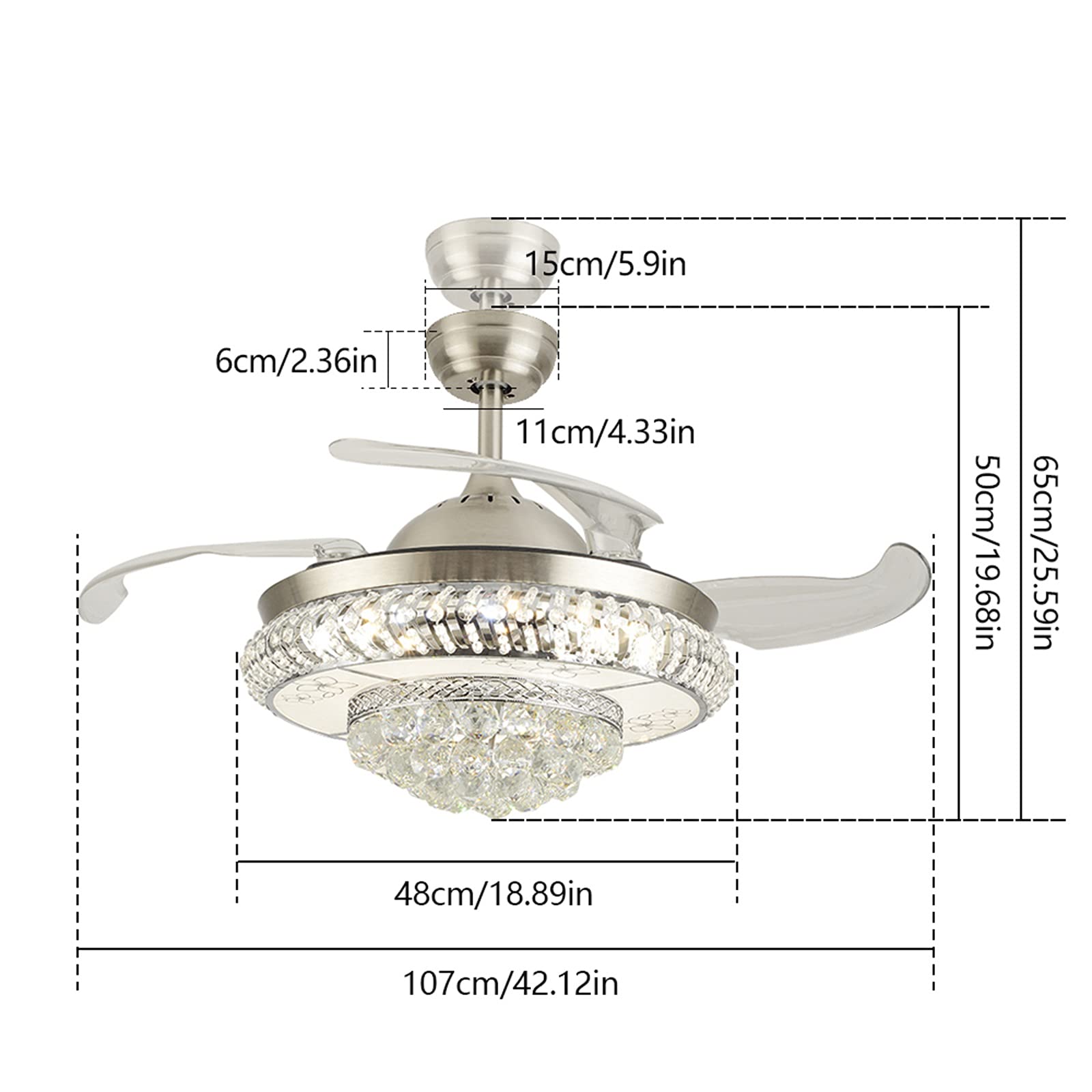 Modern Crystal LED Ceiling Fan with Light - 42 Inch Silver Fandelier with Retractable Blades, Remote Control, 3 Speed Settings & 3 Color Temperatures for Living Room, Bedroom, Dining Room & Kitchen | Energy Efficient Cooling & Stylish Lighting Solution