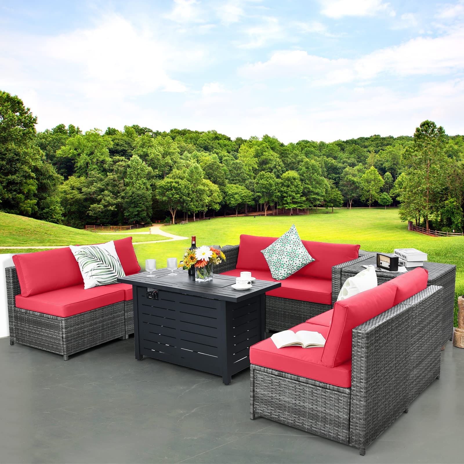 HAPPYGRILL 8-Piece Outdoor Patio Furniture Set - PE Rattan Wicker Sectional Sofa with Coffee Table, Cushions & Storage Box - Perfect for Garden, Backyard, Poolside & Outdoor Conversations