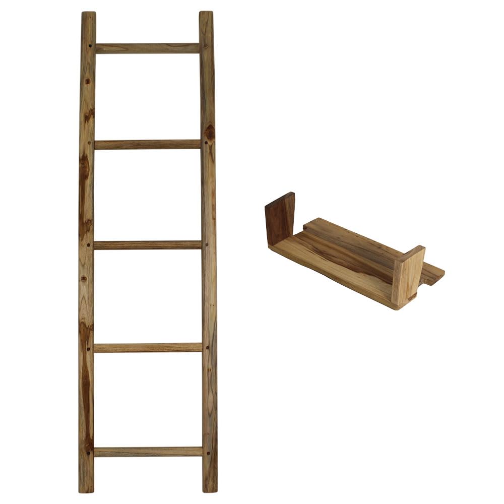 Haussmann® 18 x 64 Inch Adjustable Shelf Teak Wood Bathroom Towel Ladder - Rustic Home Decor for Spa, Sauna & Luxury Bathroom Organization