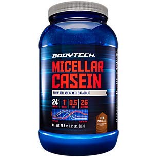 BodyTech Micellar Casein Protein Powder - Slow Release Protein for Overnight Muscle Recovery | 24g Protein per Serving | Rich Chocolate Flavor | 2 Pound Tub | Ideal for Nighttime Use, Post-Workout Recovery & Muscle Growth