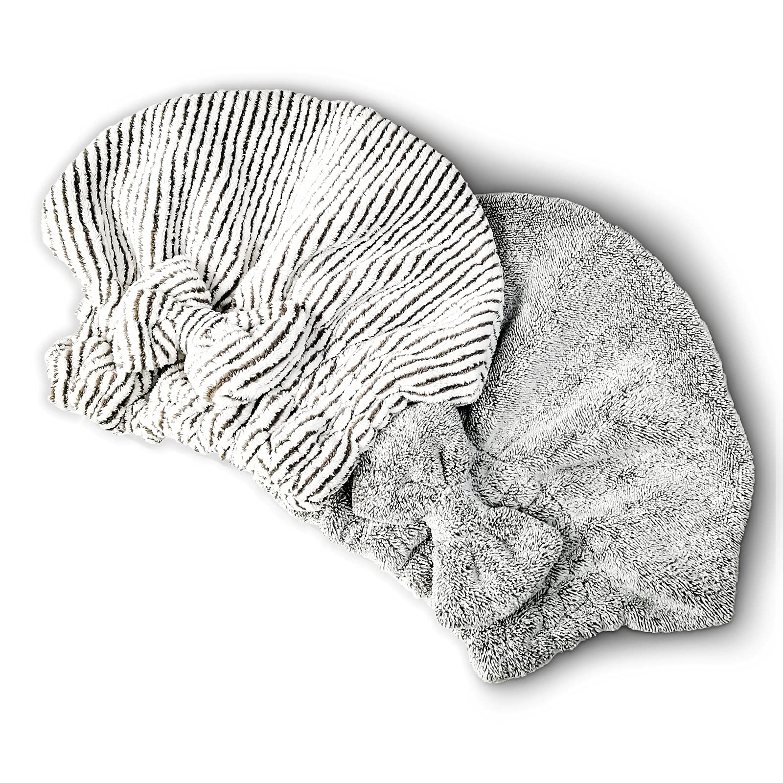 Microfiber Hair Towel Wrap for Women & Girls - Ultra Soft, Super Absorbent & Quick Drying Hair Turban Cap Set (2 Pack, Stripe & Gray) - Perfect for Curly, Thick Hair After Shower, Swimming or Salon Styling