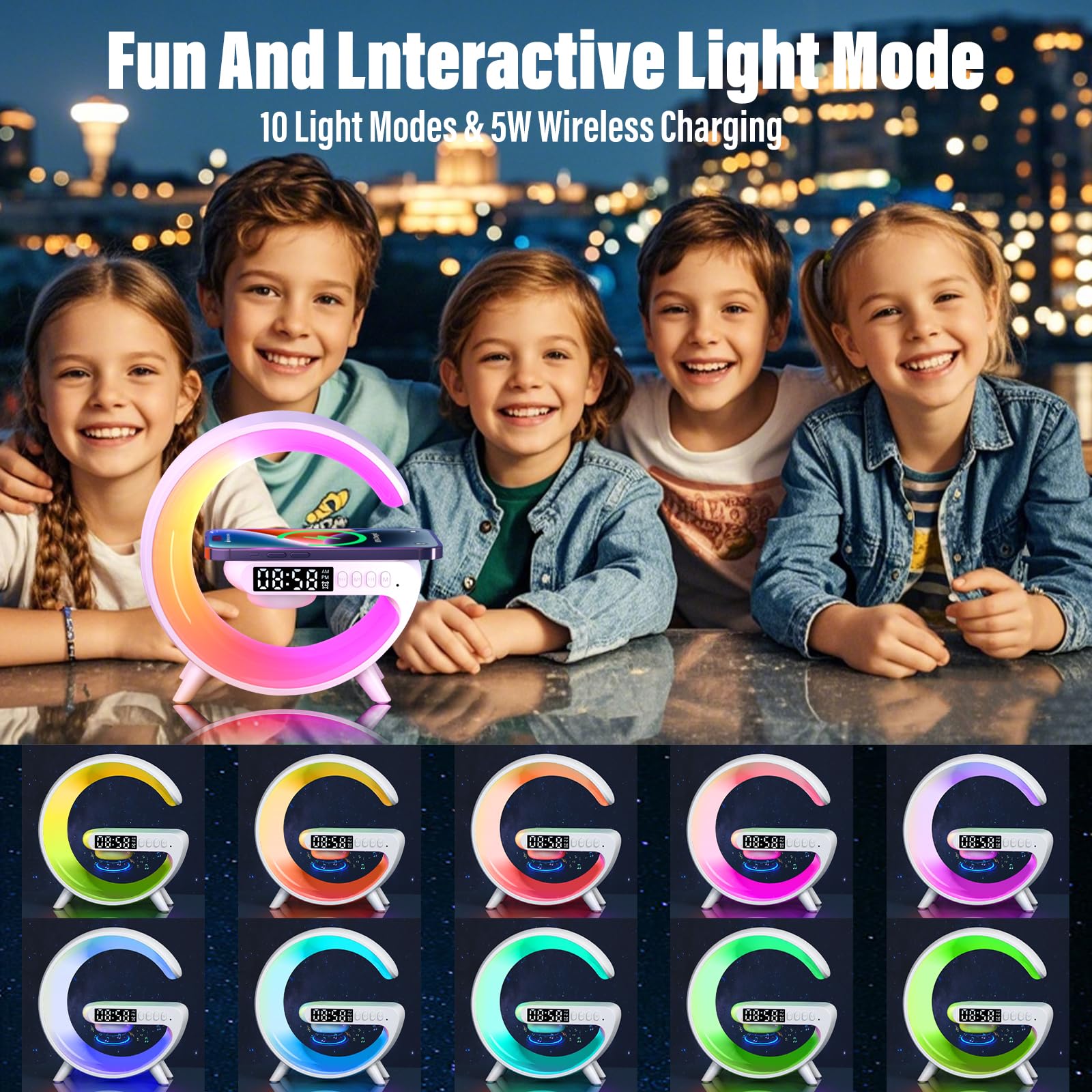 Wireless Charging LED Night Light with Bluetooth Speaker & Alarm Clock - Multifunctional Atmosphere Lamp for Bedroom, Dorm, Office Desk - Perfect Gift for Kids & Adults (Home Decor, Study Lamp, Mood Lighting)