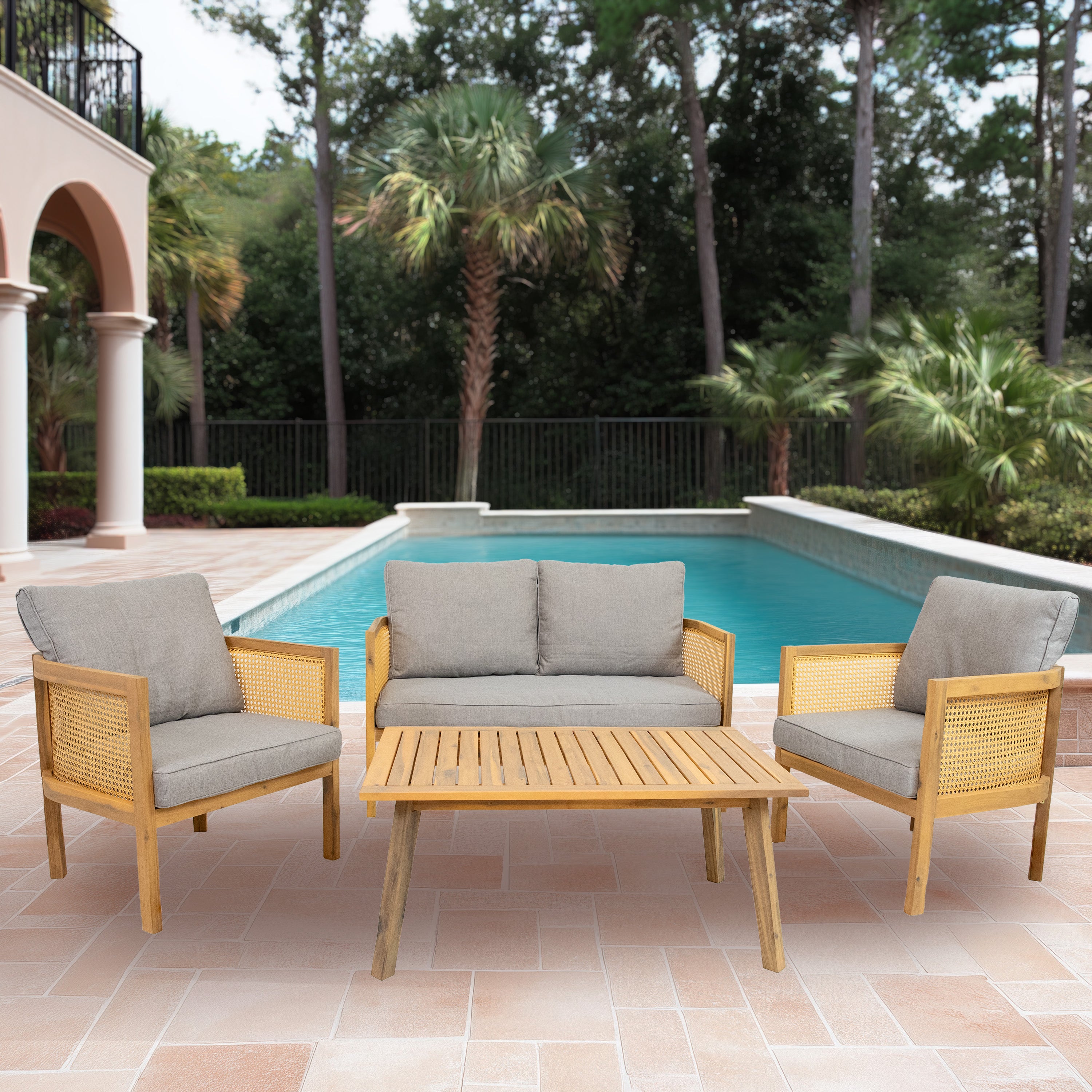 SunnyDaze 4-Piece Wooden Patio Conversation Set - Outdoor Lounge Furniture for Garden, Deck & Backyard Relaxation