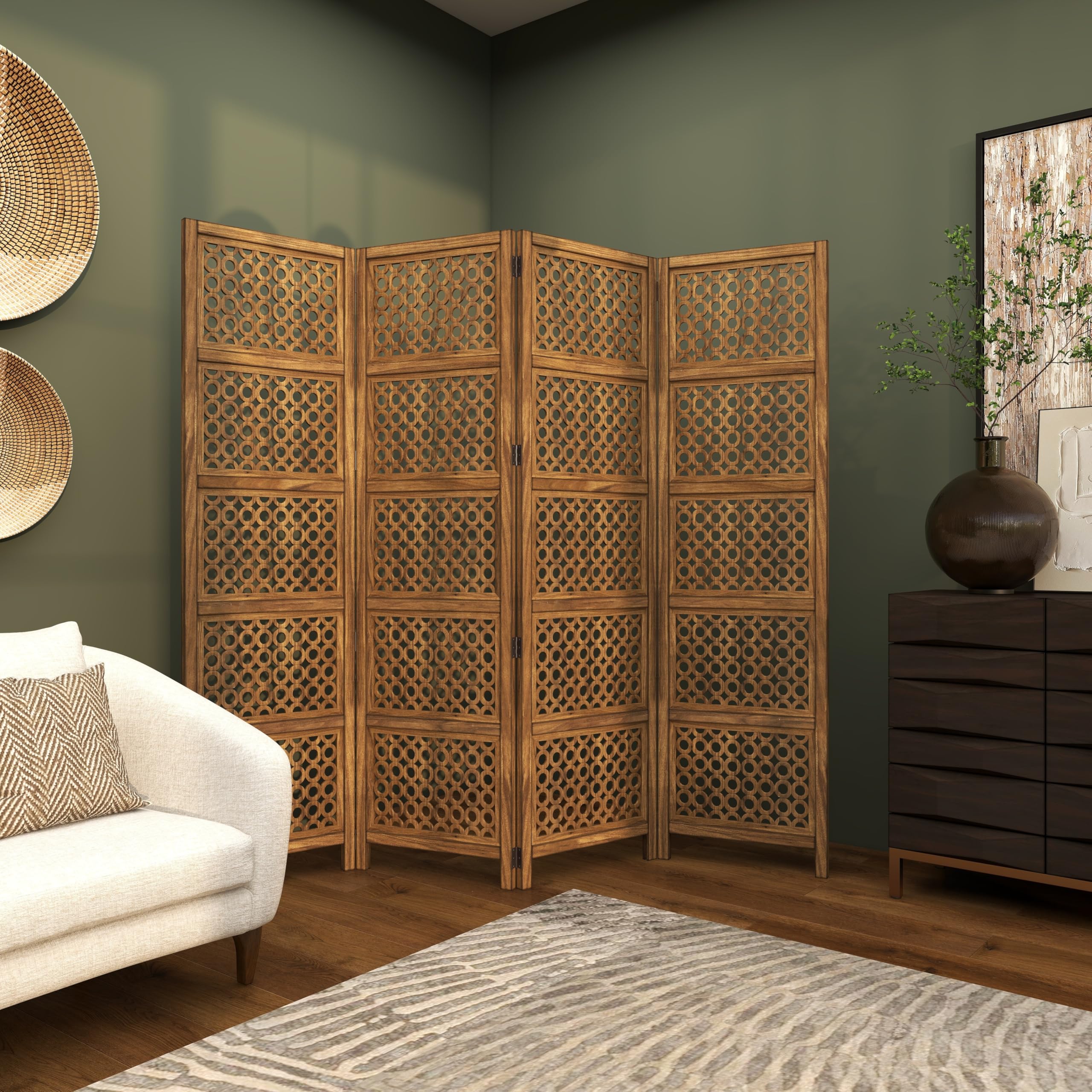 Handmade Wooden Floral Room Divider Screen - Large Brown Partition Wall Decor for Living Room, Bedroom, Office | Home & Office Privacy Screen, Decorative Room Separator