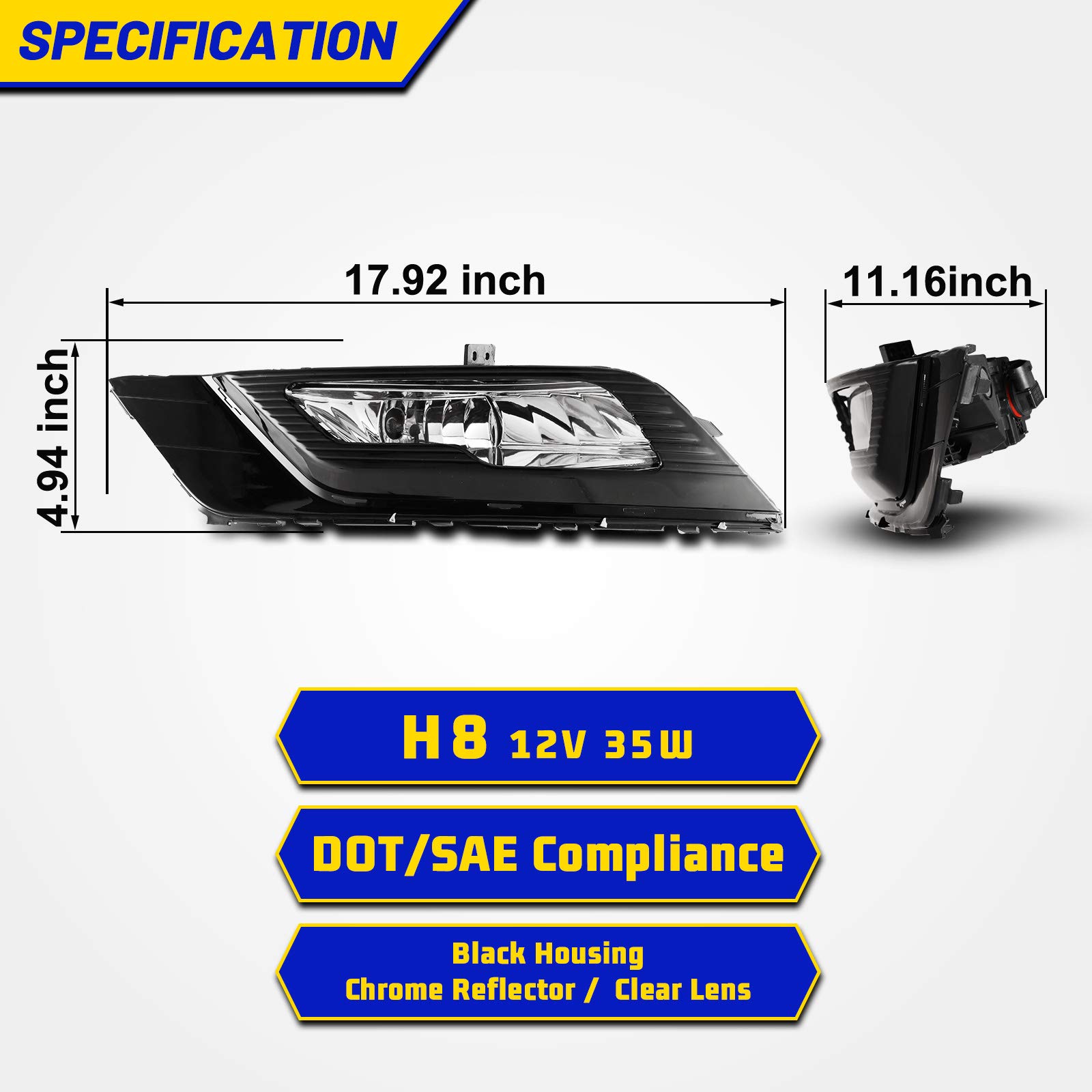 2017-2018 Ford Fusion Fog Lights Kit - H8 12V 35W LED Fog Lamps with Clear Lens, Wiring Harness & Switch Included (1 Pair) - Perfect for Night Driving & Bad Weather Visibility