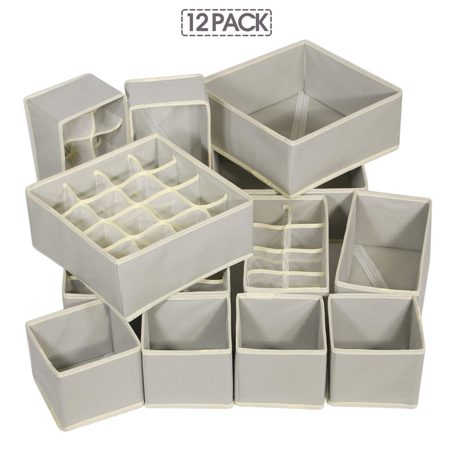 12 Pack Foldable Fabric Drawer Organizers - Closet Storage Box Dividers for Underwear, Bras, Socks & Baby Clothes | Gray Dresser Organizer Cubes for Nursery, Bedroom & Bathroom Organization