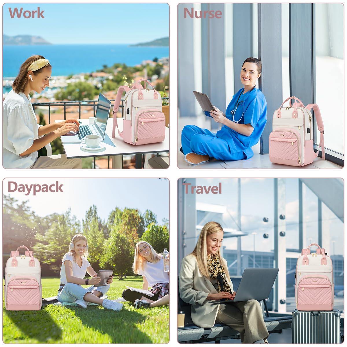 Women's Laptop Backpack for Work & Travel - 17 Inch Computer Backpack with USB Charging Port, Waterproof College Bookbag, Anti-Theft Business Bag for Women - Perfect for Nurses, Teachers & Students (Beige/Pink) - Ideal for Daily Commute, Business Trips & Campus Life