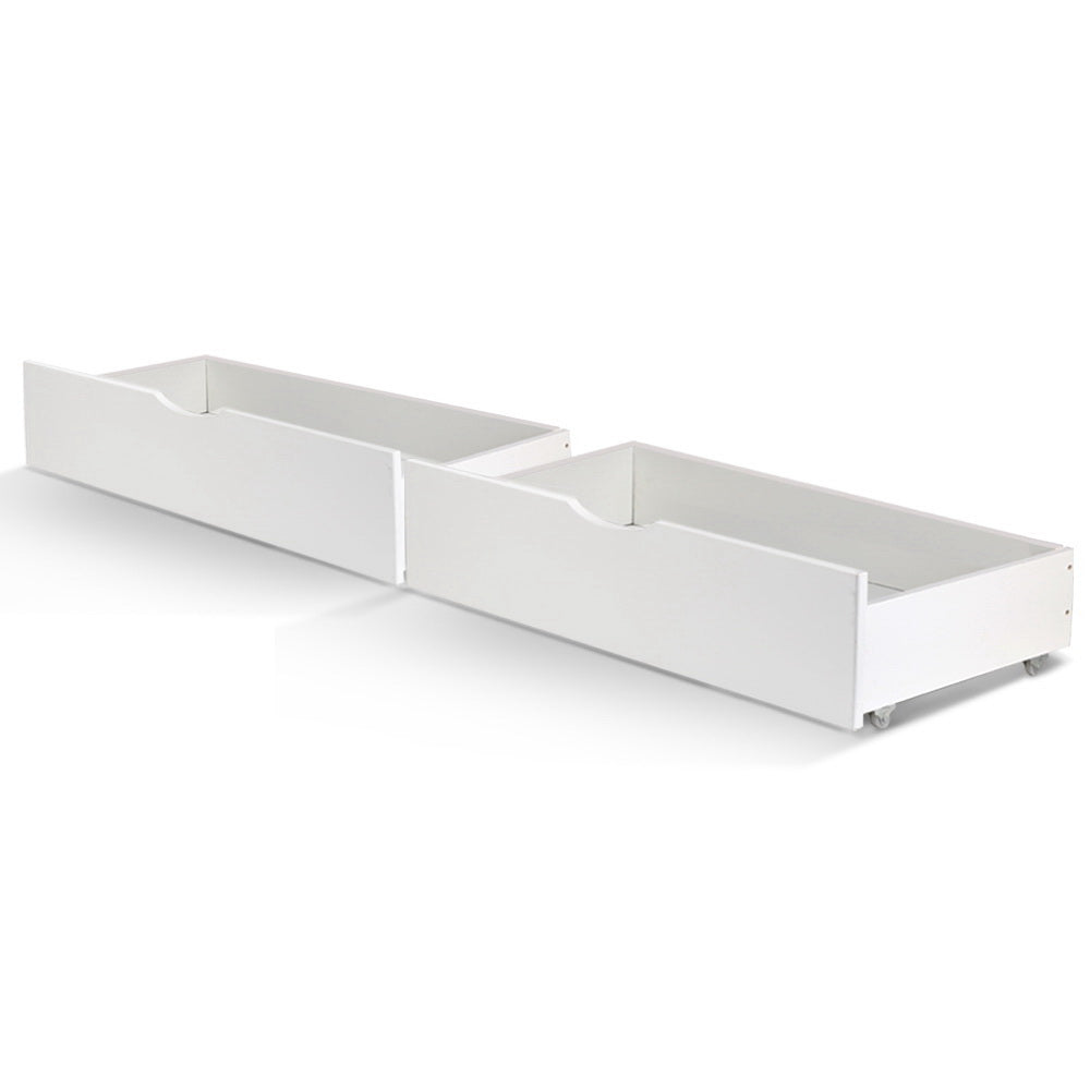 2-Pack White Wooden Storage Drawers Trundle for Single Bed Frame - Under Bed Organizer for Bedroom, Kids Room, Dormitory & Small Spaces