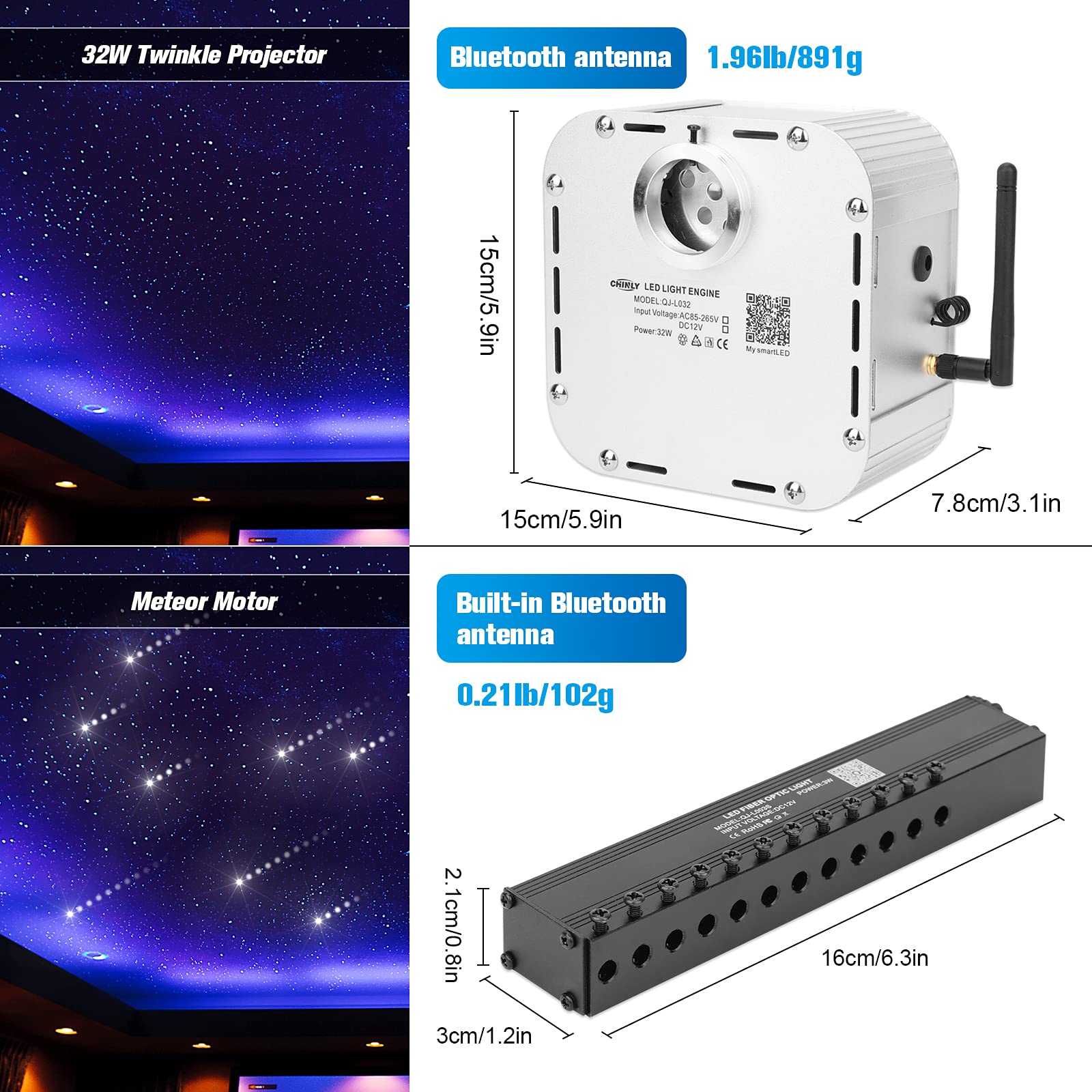 CHINLY 32W Meteor Twinkle 800pcs 13.1ft 0.03in Fiber Optic Star Ceiling Lights Kit with Shooting Stars, Bluetooth APP & Remote Control, RGBW LED Lights for Bedroom, Theater, Home Theater, Party Decor