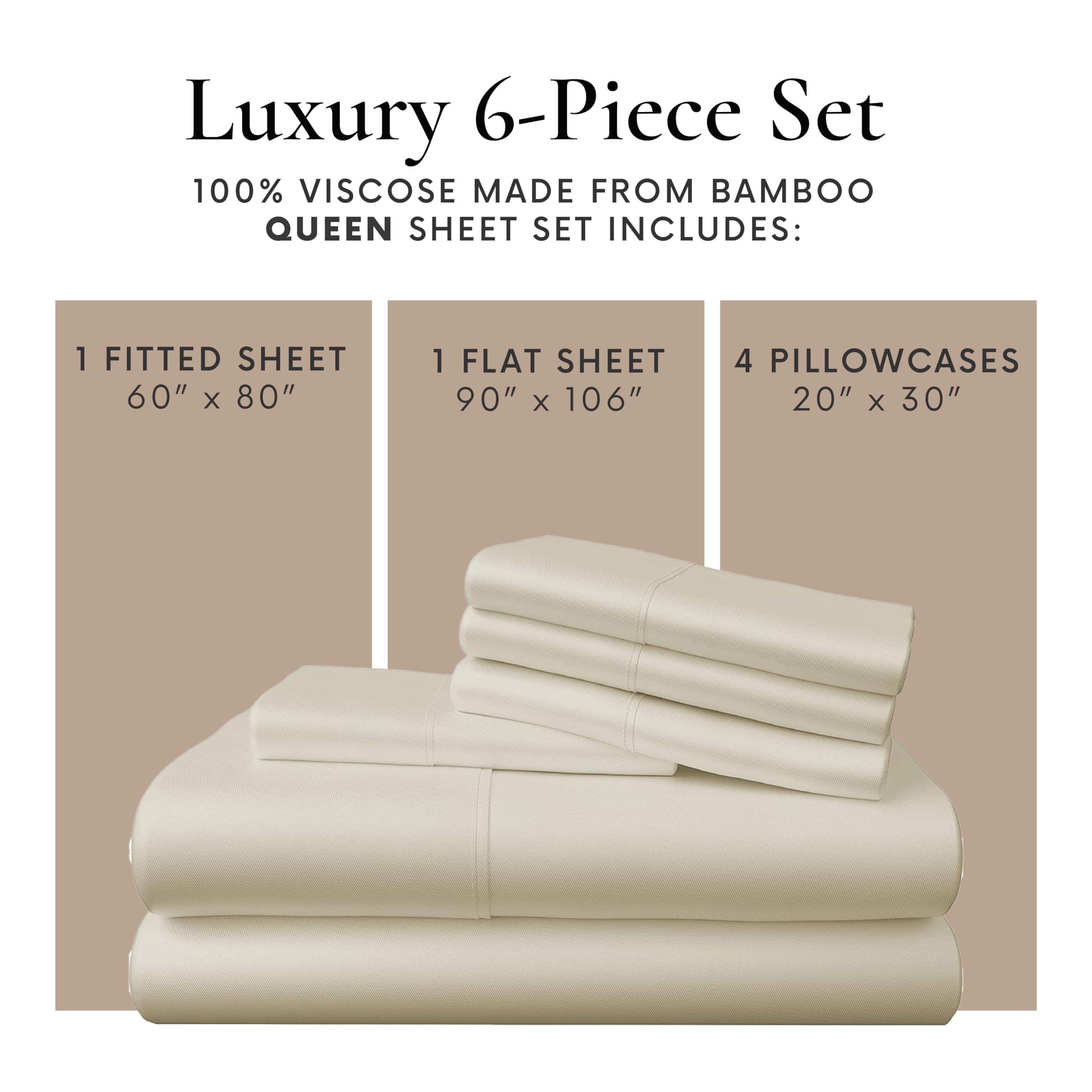 Bamboo Bay 6-Piece Queen Size Sheet Set - 100% Viscose Bamboo Bed Sheets, Ultra Soft & Breathable Cooling Sheets for Hot Sleepers, Deep Pocket Fits 16