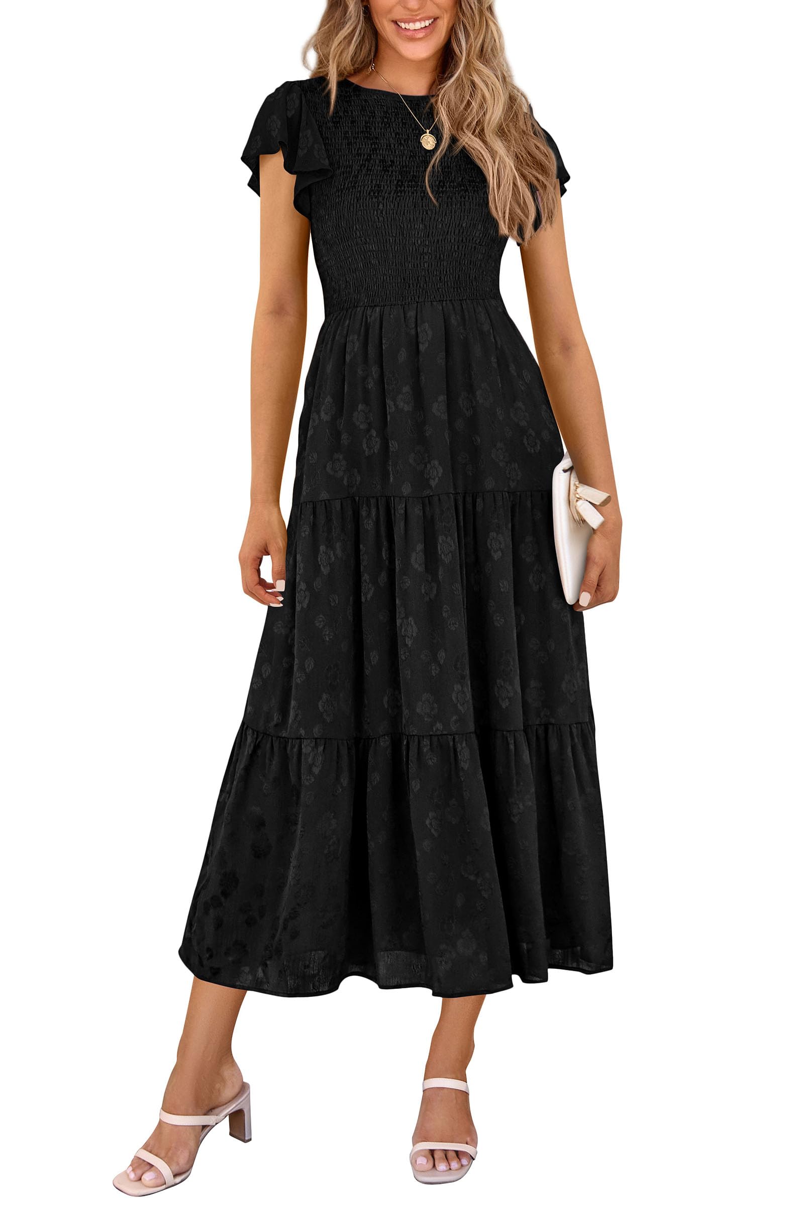 PRETTYGARDEN Women's Floral Midi Dress 2025 | Summer Cap Sleeve Smocked Ruffle A-Line Long Flowy Dress | Wedding Guest, Garden Party, Beach Coverup, Brunch Outfit