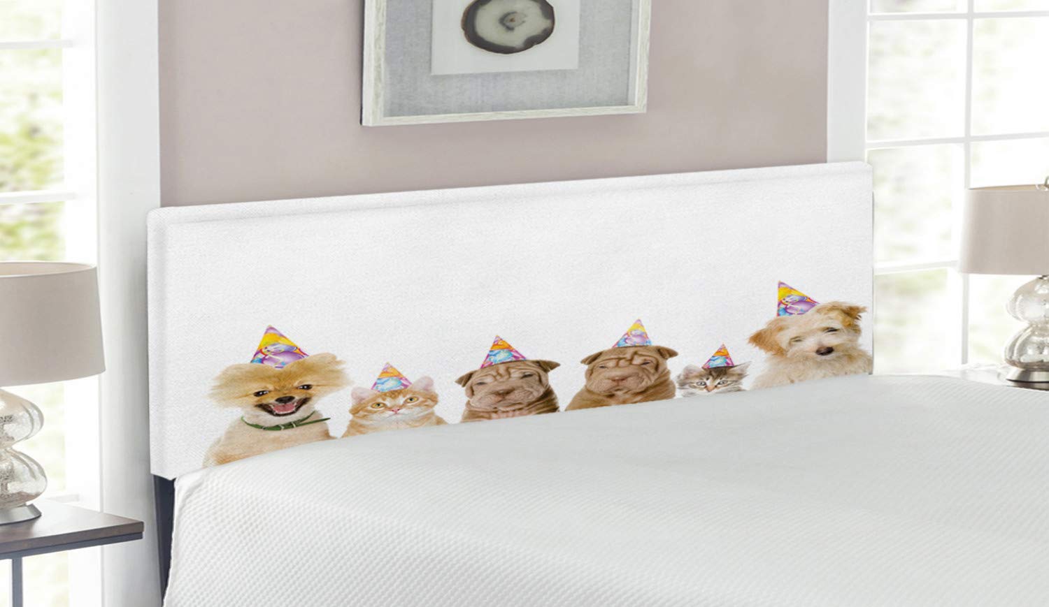 Ambesonne Birthday Party Headboard - Shelter Dogs & Terrier Cats with Cone Hats Celebration Theme Print - Upholstered Decorative Metal Bed Frame with Memory Foam - Queen Size Multicolor - Perfect for Pet-Themed Bedrooms & Birthday Decorations