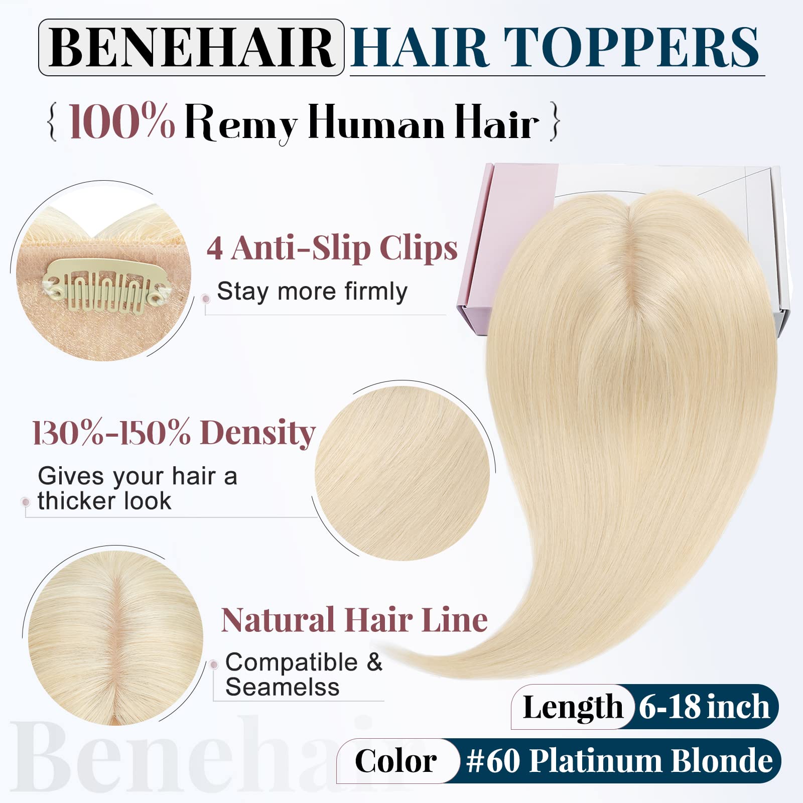 Benehair Clip-in Human Hair Topper for Women with Thinning Hair - 10 Inch 33g Remy Hair Topper with Silk Base - #60 Platinum Blonde - Natural Looking Hair Extensions for Daily Wear & Special Occasions