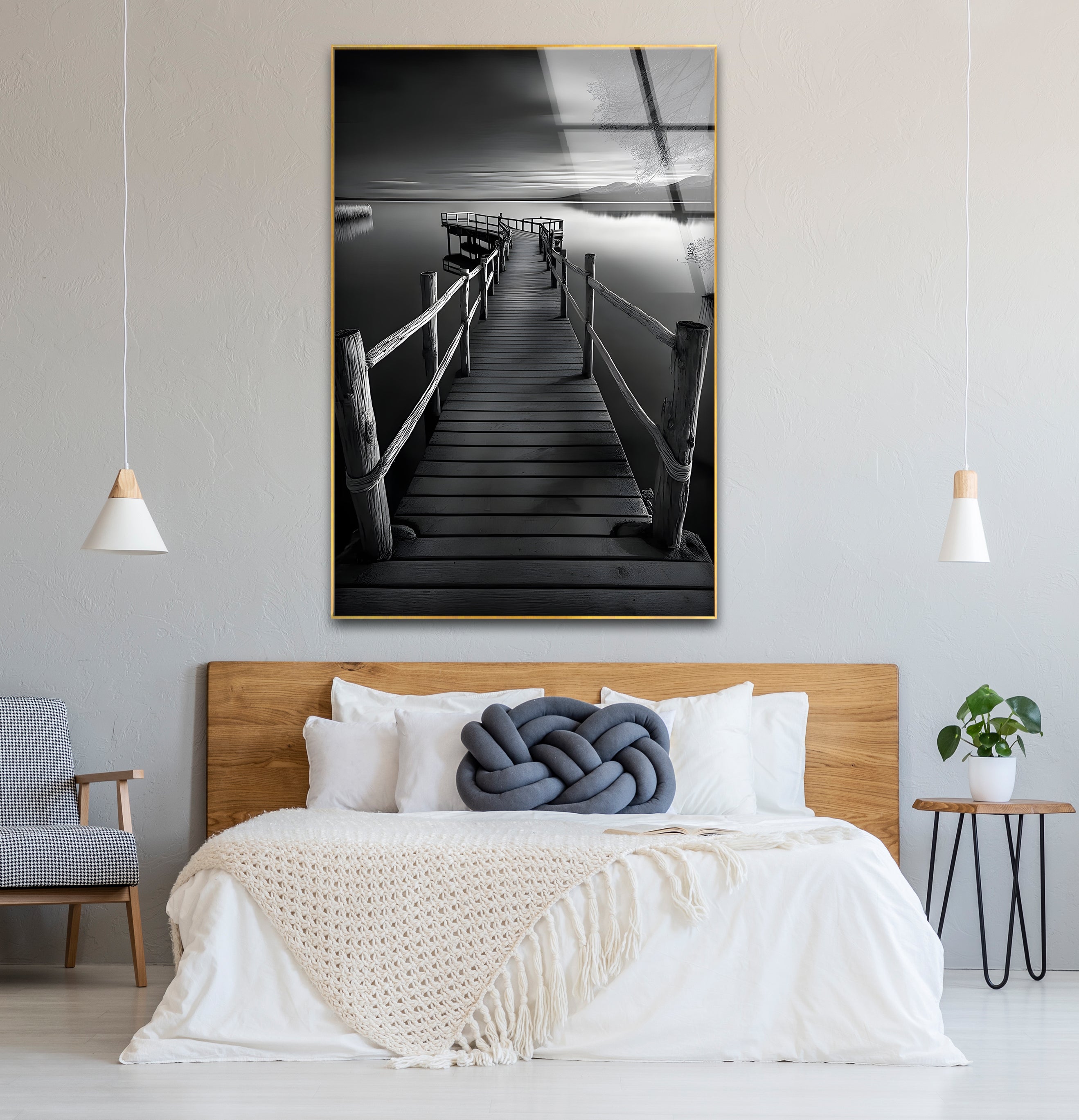 Black and White Dock Landscape Glass Wall Art - Modern Framed Home Decor for Living Room, Bedroom, Office | Coastal Nautical Theme
