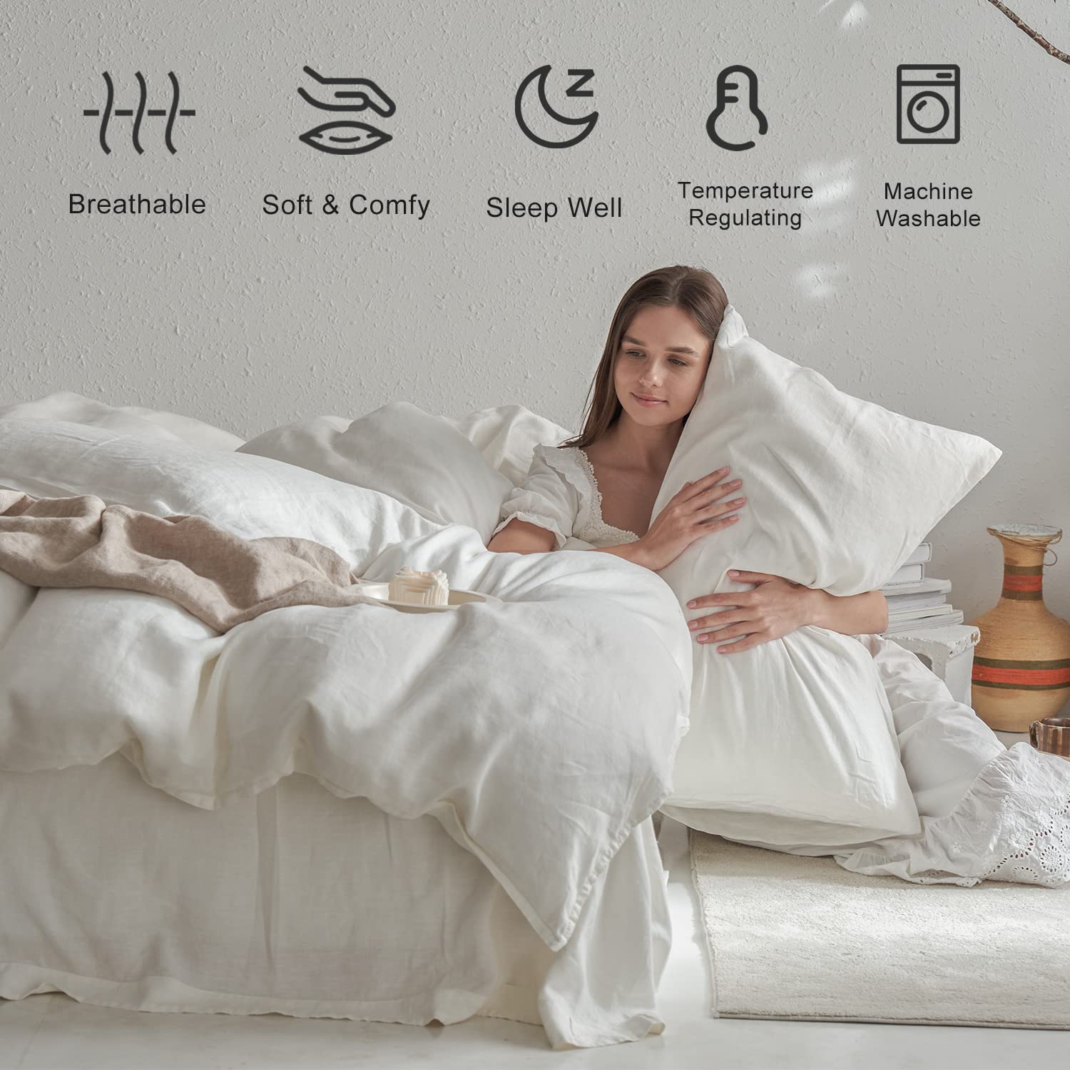 Premium 100% French Linen Pillowcases - 1 Pair Queen Size (20x30 inches) Natural Flax Bedding, Breathable & Hypoallergenic - Off White - Perfect for Eco-Friendly Home Decor & Luxury Hotel Style Bedrooms