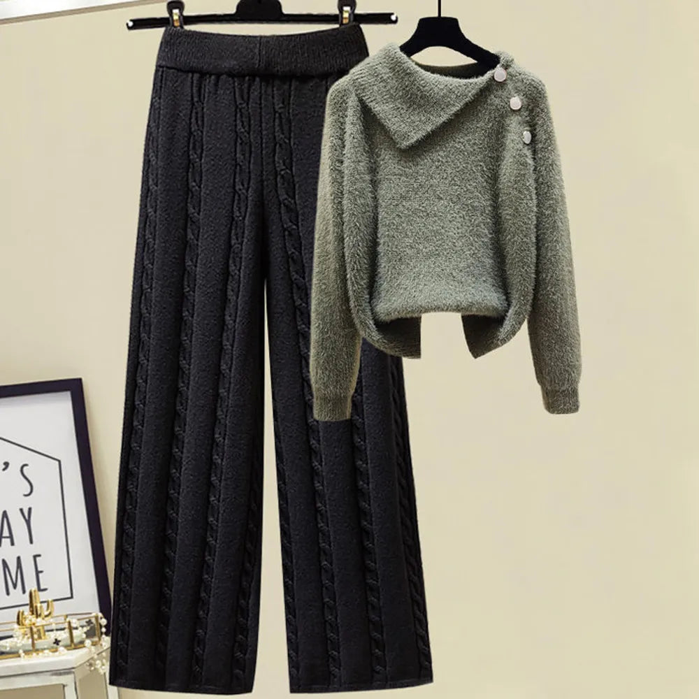 2024 Winter Warm 3-Piece Knit Outfit Set for Women - Cozy Knitted Sweater, Soft Lamb Wool Vest & Stylish Wide-Leg Twist Pants | Perfect for Casual Wear, Office Outfits & Winter Fashion