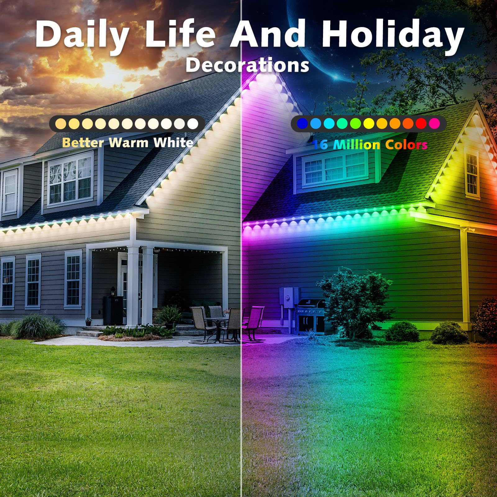 300FT Permanent Outdoor RGB LED Strip Lights - IP67 Waterproof Smart Lighting with App & Remote Control - Christmas Holiday Decor, House Roof & Garden Accent Lighting - Perfect for Parties, Weddings & Landscape Illumination