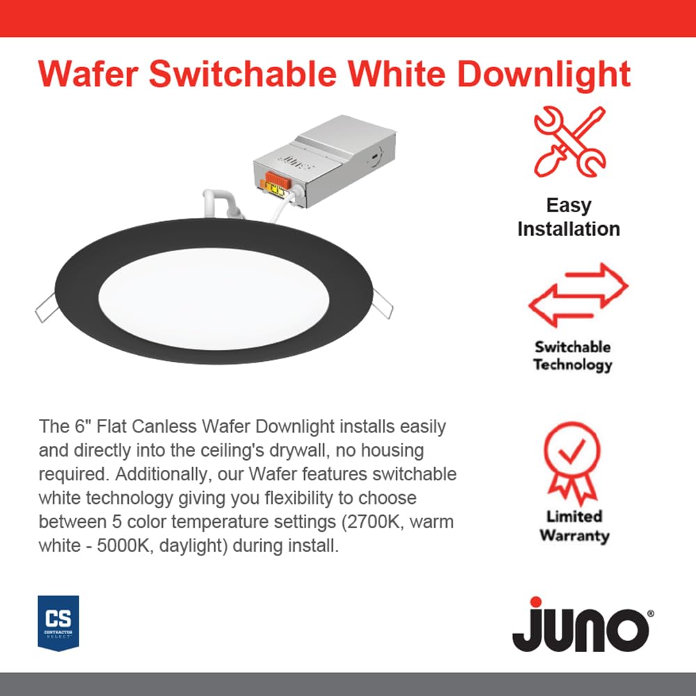 Juno LED Recessed Lights 6 Inch - Ultra Thin Round Wafer Downlight with Switchable Color Temperature (2700K-5000K) - 120V Dimmable Ceiling Light - 90 CRI - Matte Black (6-Pack) - Perfect for Living Room, Kitchen, Bedroom, and Office Lighting