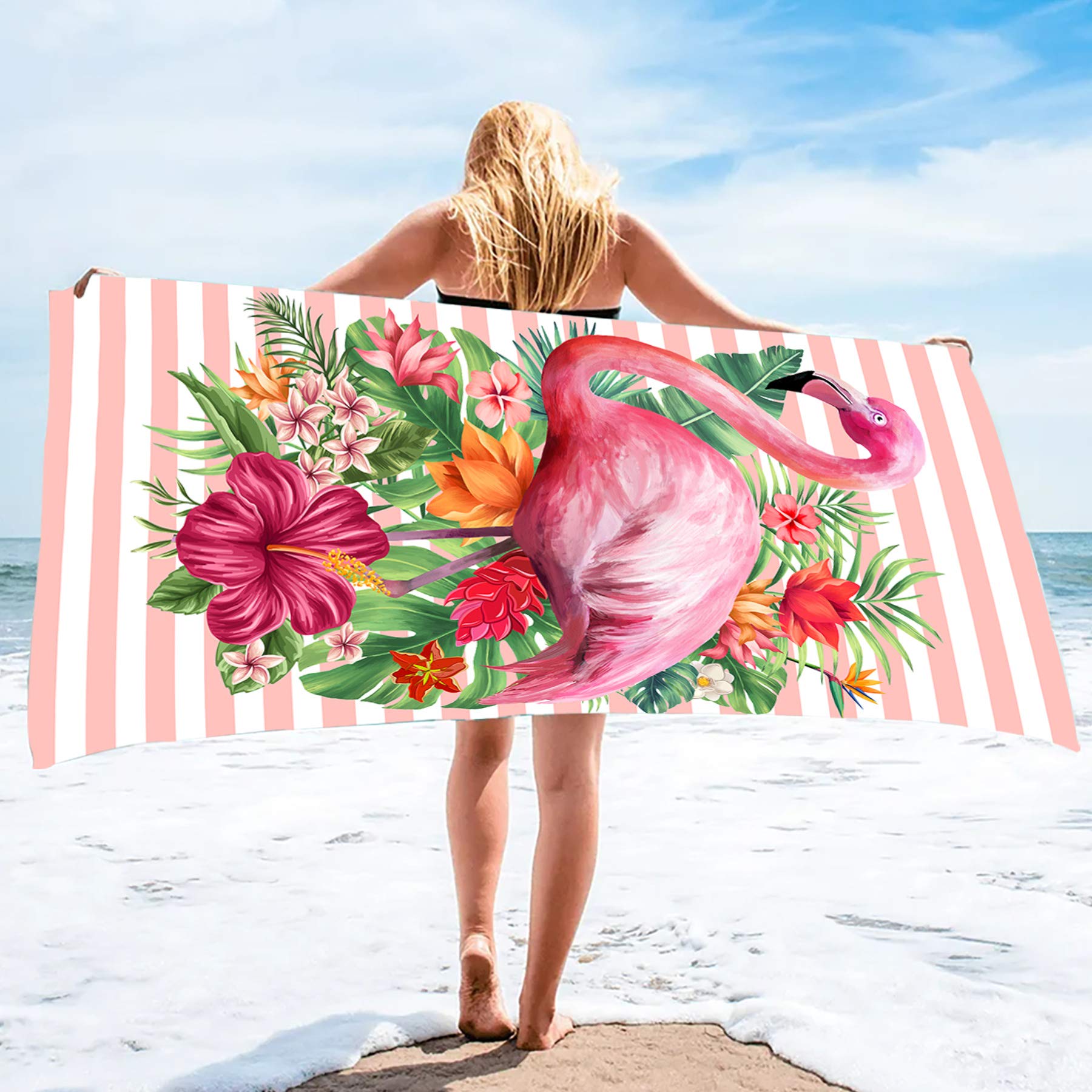 Flamingo Bonsai Tree Microfiber Beach Towel - Tropical Flowers Quick Dry Oversized 31