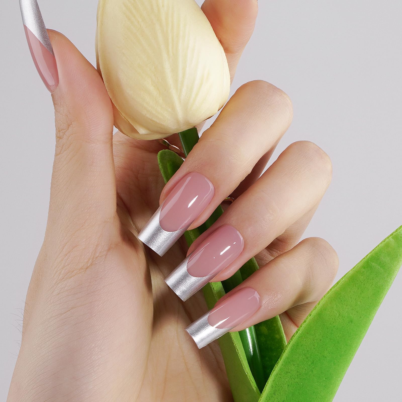 Canvalite Chrome French Tip Press on Nails - 150Pcs Long Square Fake Nails with Silver Designs, Quick & Easy DIY Gel Nail Tips for Women | Perfect for Parties, Weddings, and Special Occasions
