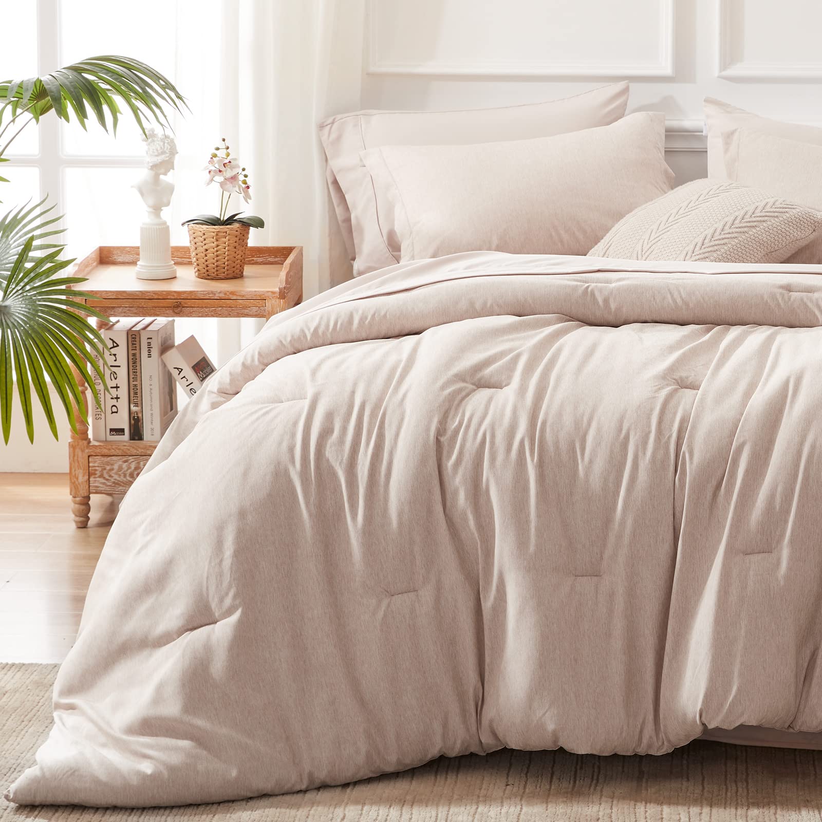 UNILIBRA 7-Piece Queen Comforter Set - All Seasons Soft Bedding Set with Comforter, Flat Sheet, Fitted Sheet, Pillowcases & Shams - Taupe Cationic Dye Bed in a Bag | Perfect for Master Bedroom, Guest Room & Cozy Home Decor
