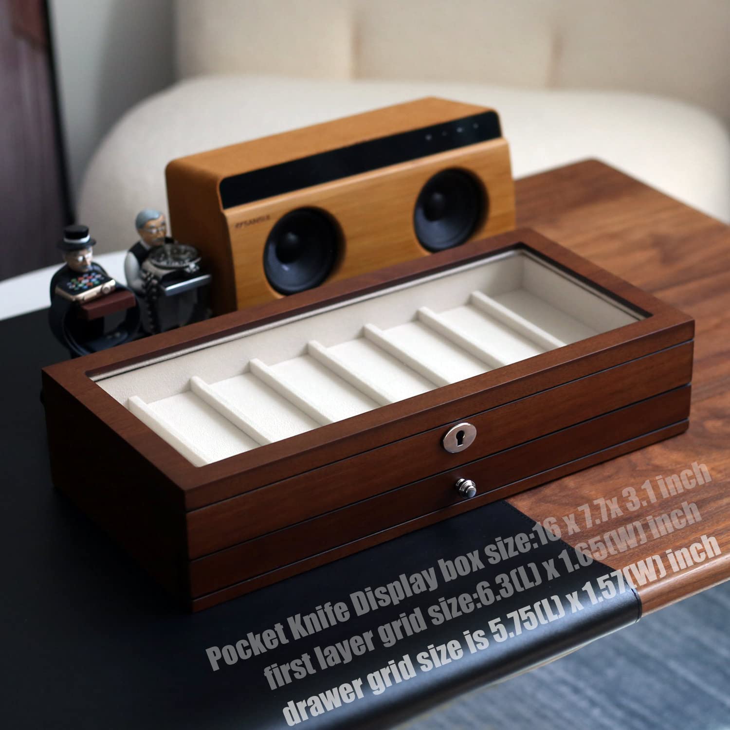 Premium Walnut Folding Knife Display Case - 2-Tier Organizer with Real Glass Top for 15-17 Pocket Knives | Collector's Storage Box with Drawer | Perfect for Men's Knife Collections, Home Office & Hunting Cabin Decor
