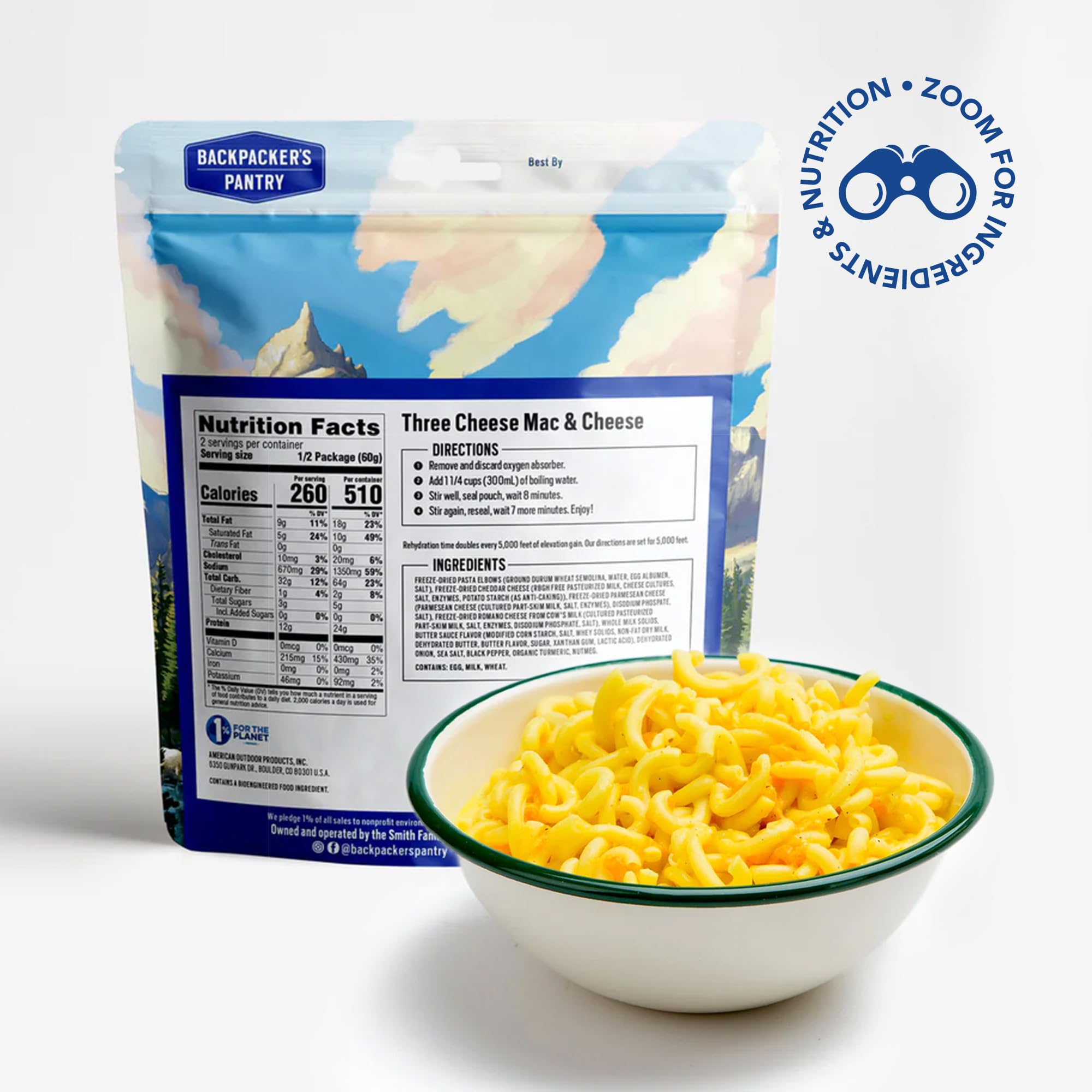 Backpacker's Pantry Three Cheese Mac & Cheese - Freeze Dried Backpacking & Camping Food - High Protein (24g) Vegetarian Meal - Lightweight Emergency & Survival Food - Perfect for Hiking, Camping & Outdoor Adventures