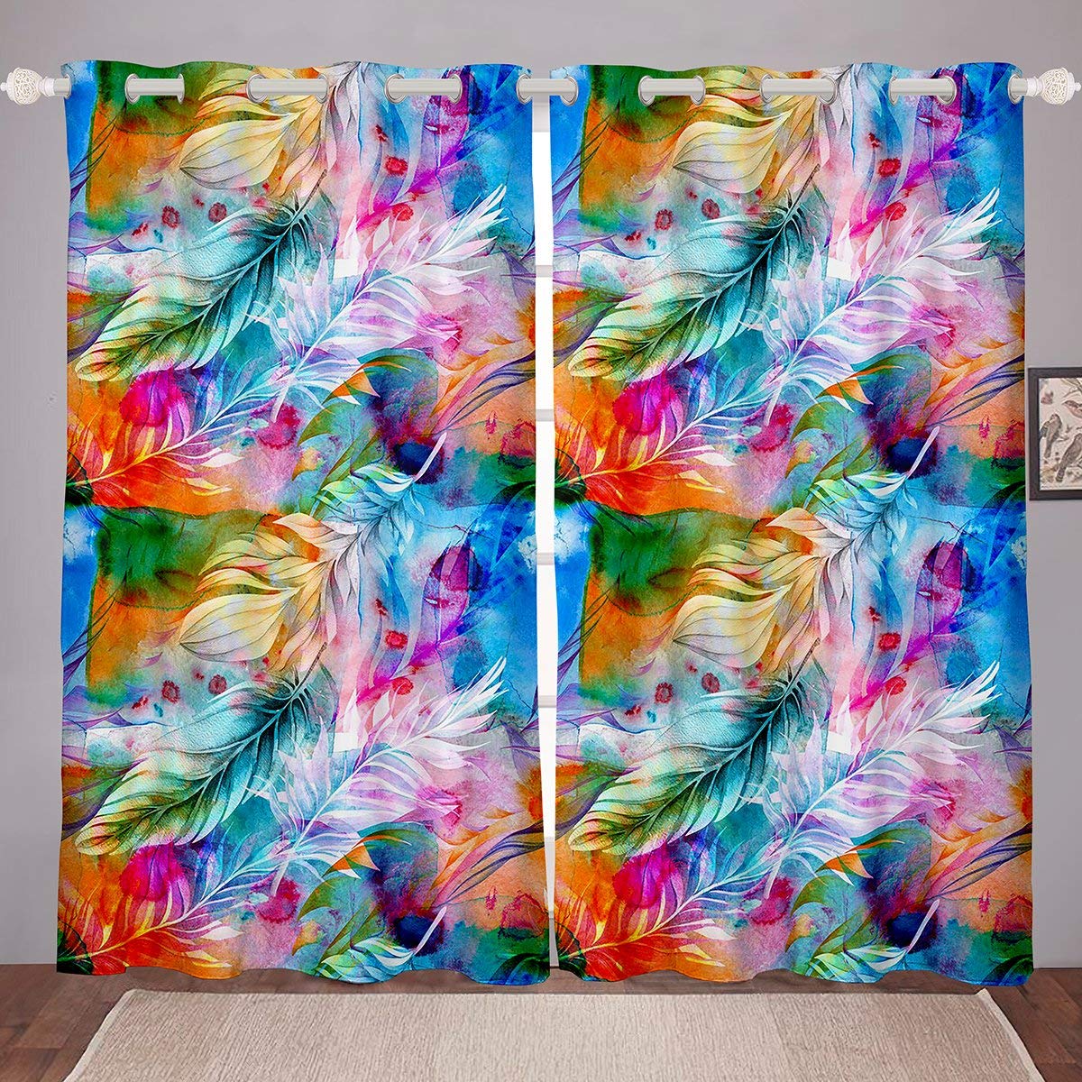 Stylish Feather Window Curtains for Bedroom & Living Room - Colorful Tie Dye Bird Feather Design Drapes (42x84 Inches, 2 Panels) - Perfect for Kids, Teens Rooms & Bohemian Home Decor