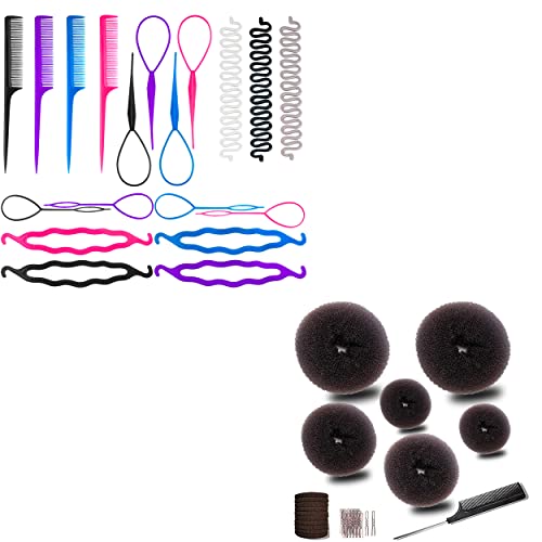 19PCS Hair Braiding Tool Kit & Donut Hair Bun Maker (Brown) - Perfect for DIY Hairstyles, Salon Styling, and Everyday Hair Accessories