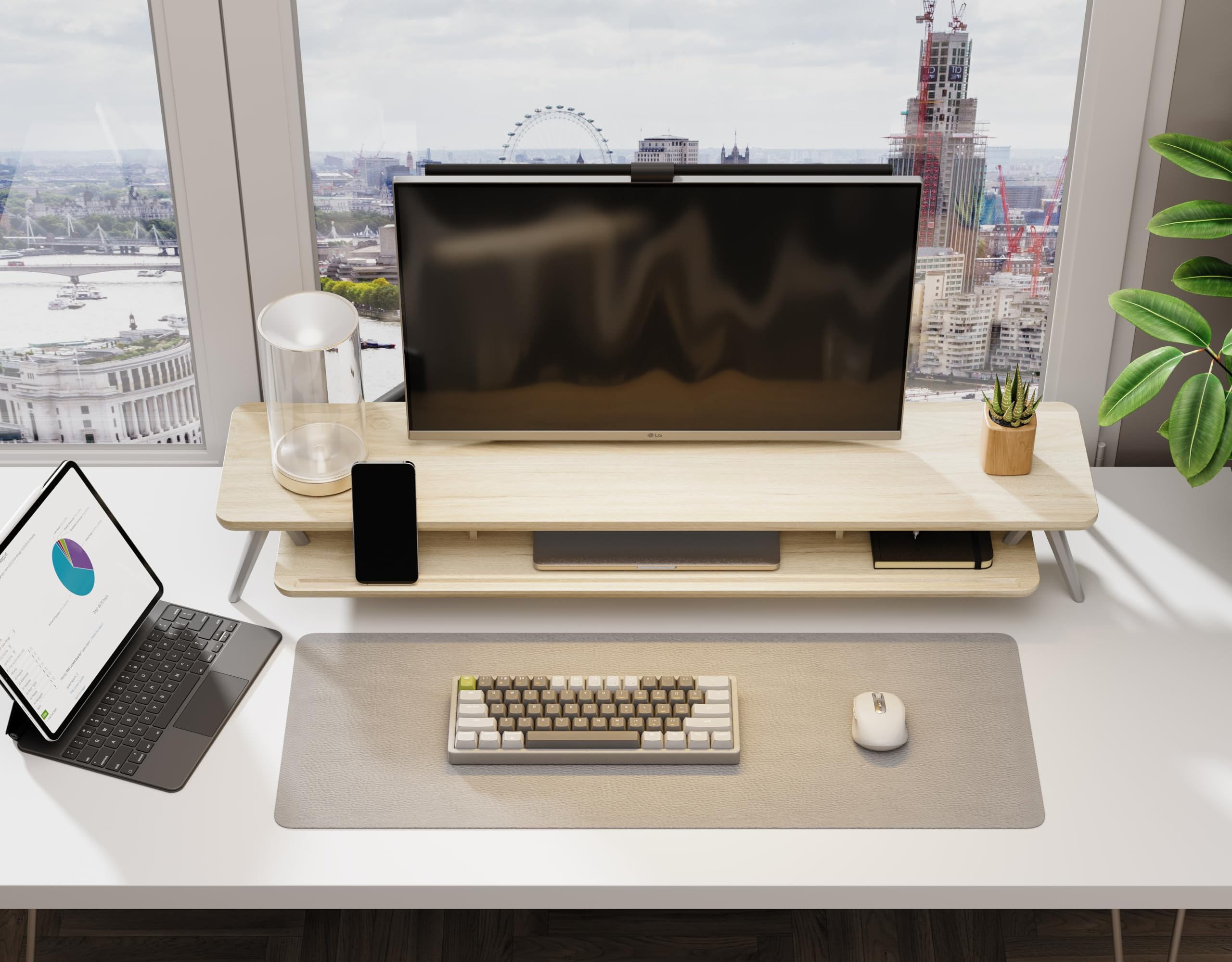 Dual Monitor Stand for 2 Screens - 42.5 Inch Wooden Desk Shelf with Storage Organizer & Cable Management | Office Desk Accessories for Home & Workspace Organization