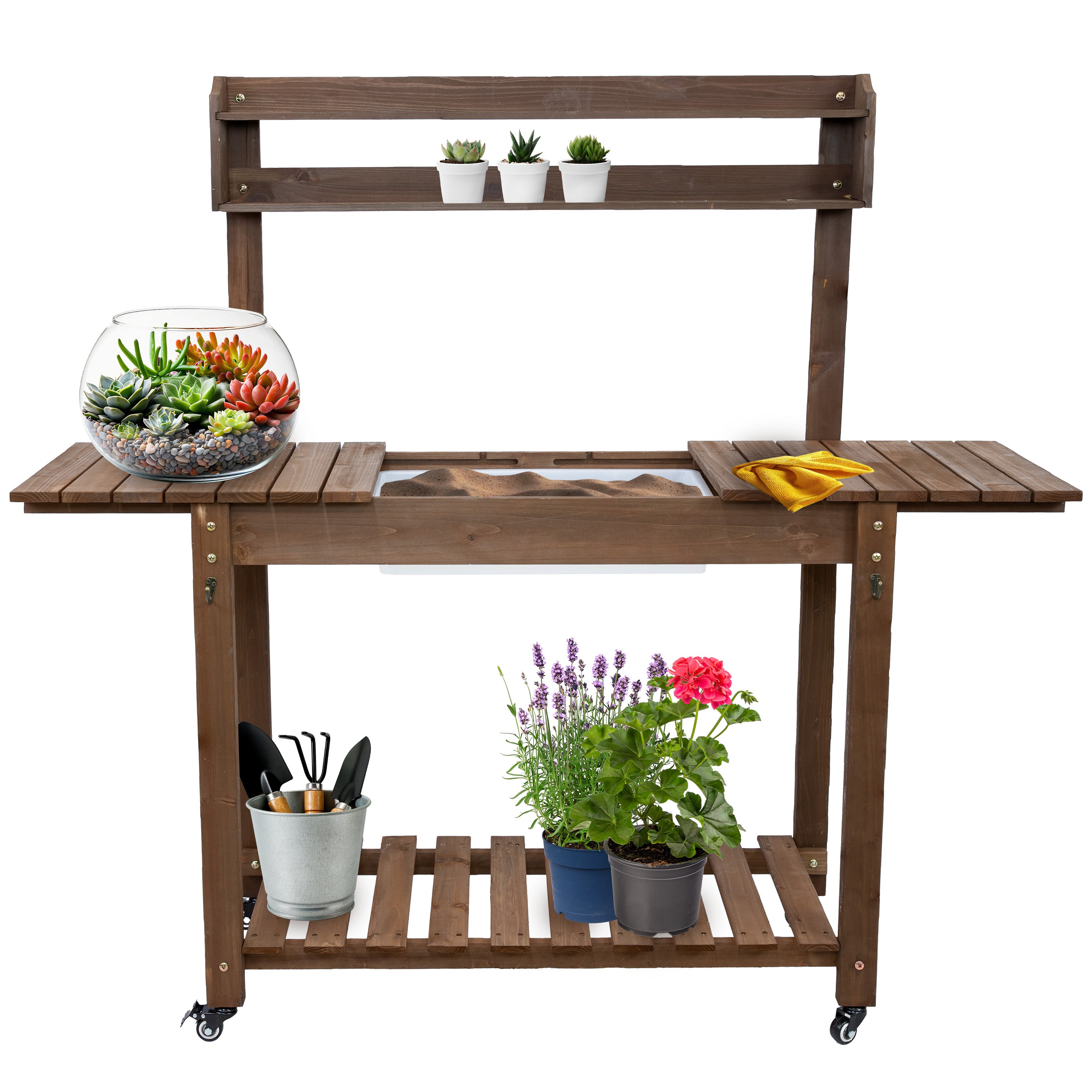 Sunnydaze Fir Wood Wheeled Outdoor Potting Bench with Sink - Brown | Heavy-Duty Garden Workstation for Planting, Potting & Organizing Tools | Perfect for Backyard, Greenhouse & Gardening Enthusiasts