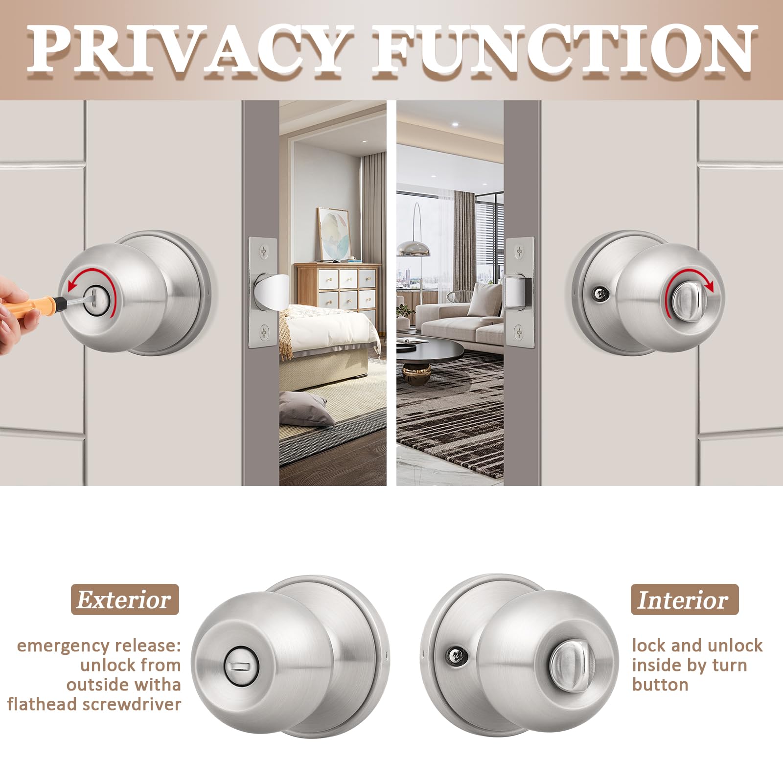 Probrico 8 Pack Satin Nickel Keyless Privacy Door Knobs - Adjustable Latch Backset for Bedroom & Bathroom Interior Doors | Secure, Easy Installation for Homes & Apartments