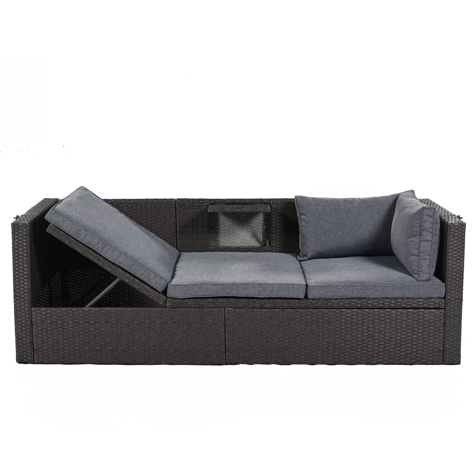 Quarte Outdoor Patio Rectangle Daybed with Retractable Canopy - All-Weather Wicker Sectional Sofa Set with Cushions & Lift Table - Perfect for Backyard, Porch, Poolside or Garden (Grey+O)