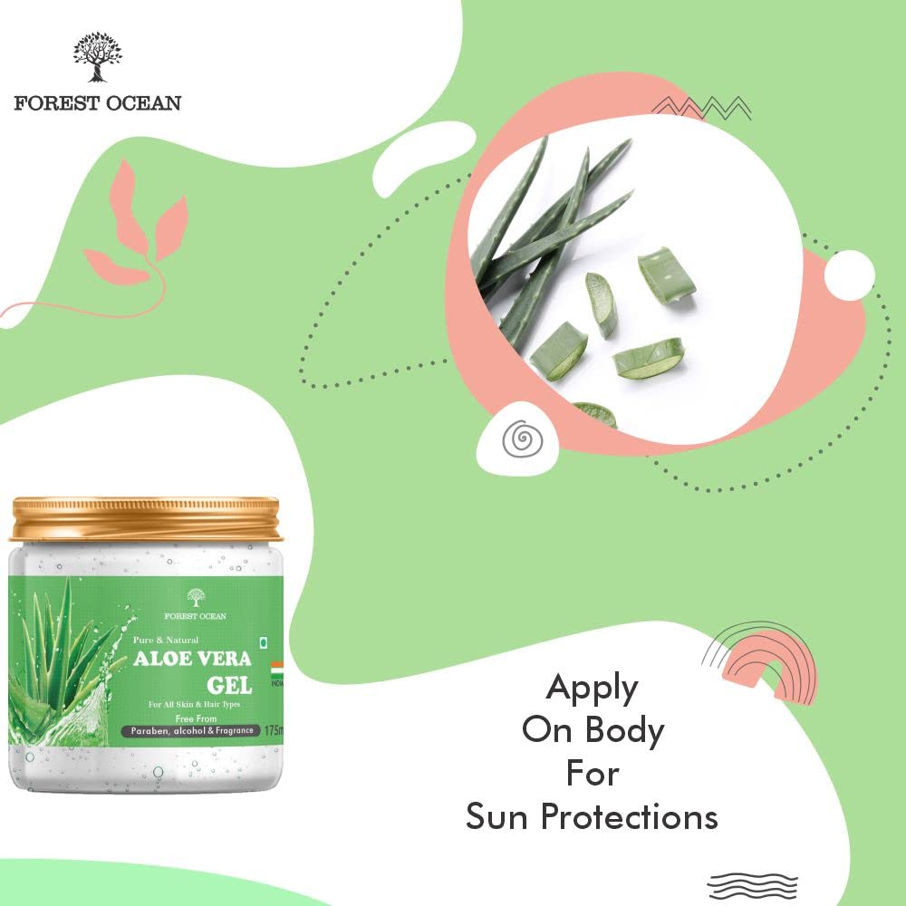 Forest Ocean Aloe Vera Gel - Multipurpose Beauty Gel for Skin & Hair Care with Vitamin E & Natural Emollients (175ml, Paraben Free) | Perfect for Sunburn Relief, Moisturizing Dry Skin & Hair Conditioning