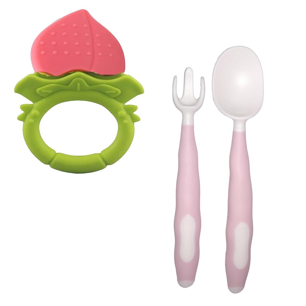 Kritiu BPA-Free Silicone Baby Teether and Spoon Set | Safe Teething Toys & Feeding Utensils for Infants 6+ Months | Soft Peach & Pink Baby Gift | Perfect for Soothing Sore Gums & Introducing Solid Foods