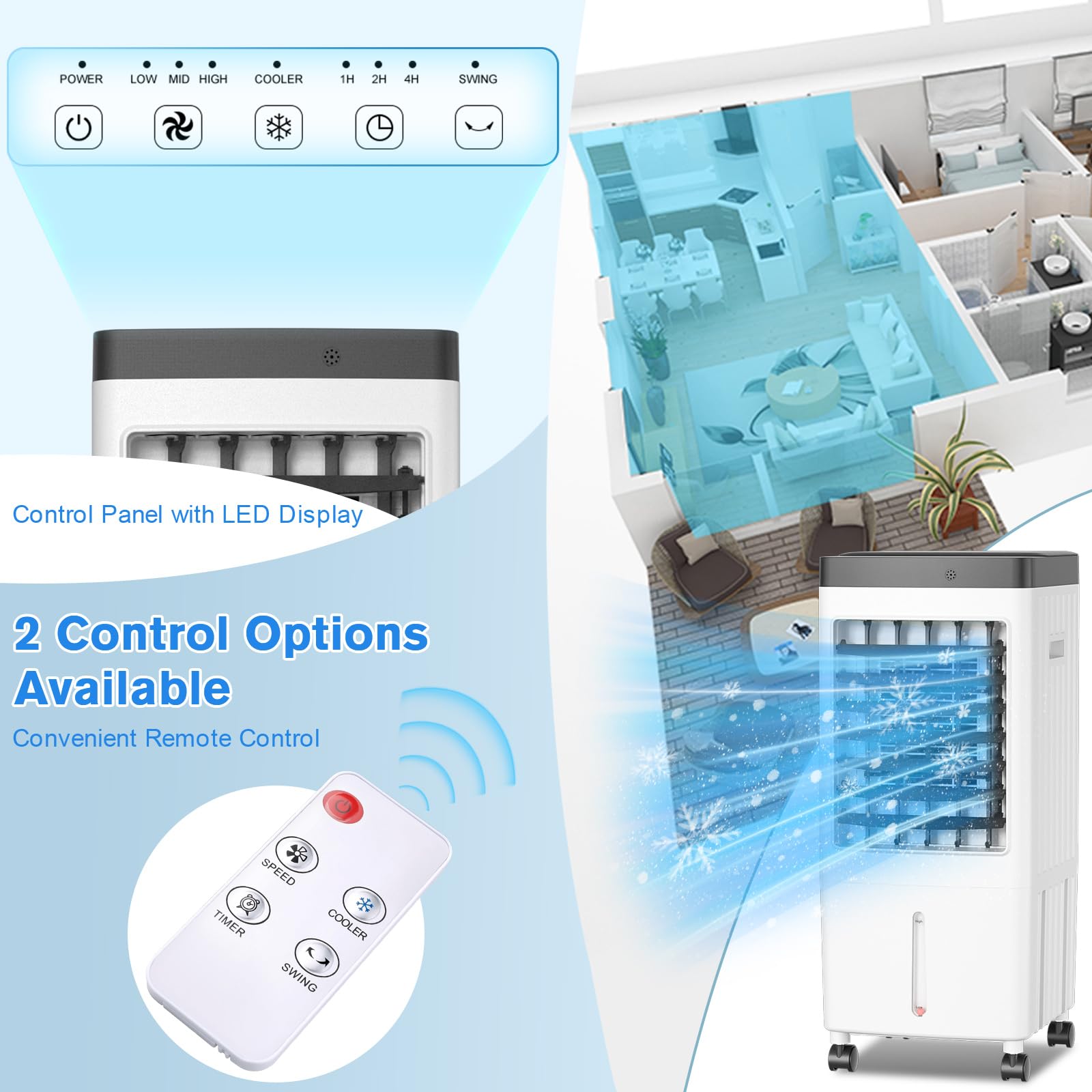 Portable Air Conditioner with 3.2 Gallon Tank - 20H Cooling, 6 Ice Packs, Timer & 3 Speed Settings - 70° Oscillating Swamp Cooler for Bedroom, Kitchen, Garage, Office & Outdoor Use