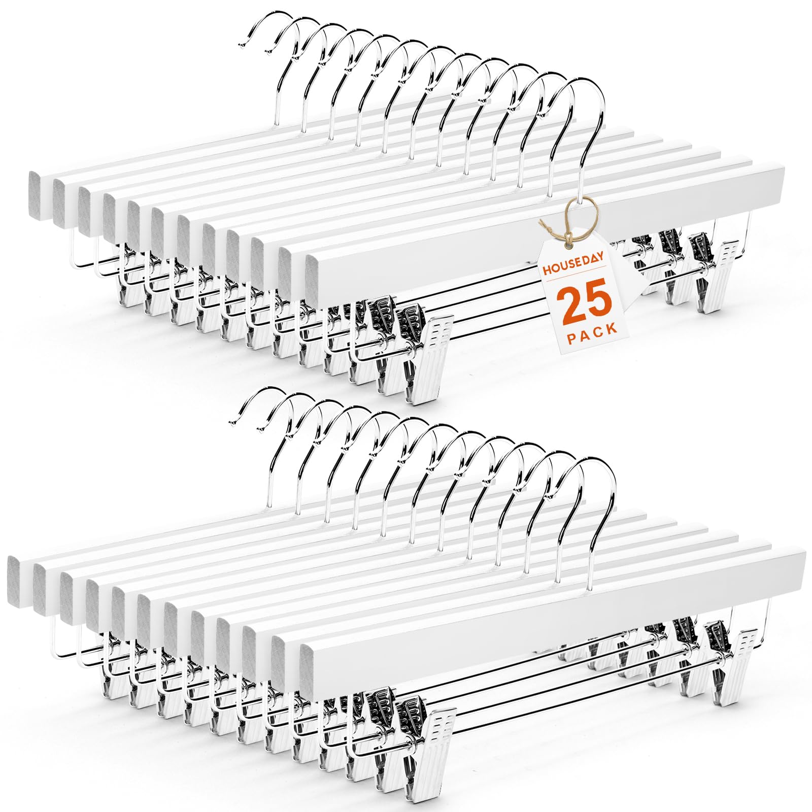 Premium Wooden Pants Hangers 25 Pack - Heavy Duty Adjustable Clips, Anti-Slip Wood Bottom for Slacks, Jeans & Trousers - Ideal for Closet Organization & Wardrobe Storage (White)