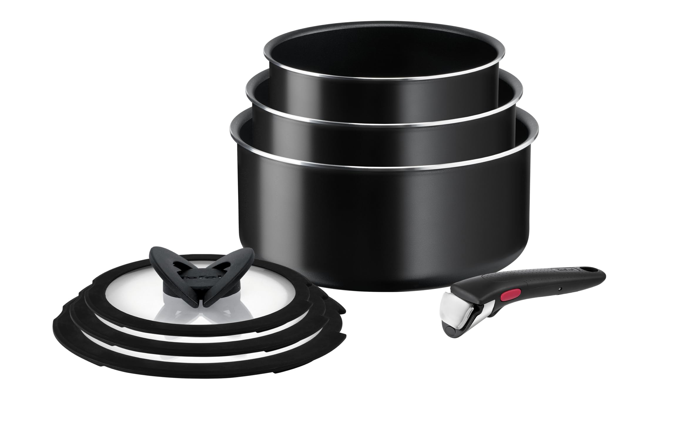 Tefal Ingenio Easy ON 7-Piece Non-Stick Cookware Set with 16/18/20cm Saucepans, Glass Lids & Removable Bakelite Handle - Black (L1599602) - Perfect for Boiling, Steaming & Simmering - Easy Cleaning & Heat Indicator for Safe Cooking