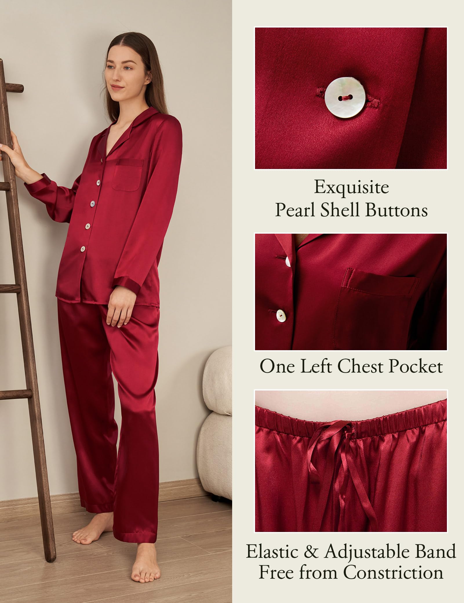 Luxury 100% Mulberry Silk Pajamas for Women - 22 Momme Pure Long Sleeve Full Length Nightwear | Soft Sleepwear for Comfortable Nights & Elegant Lounging