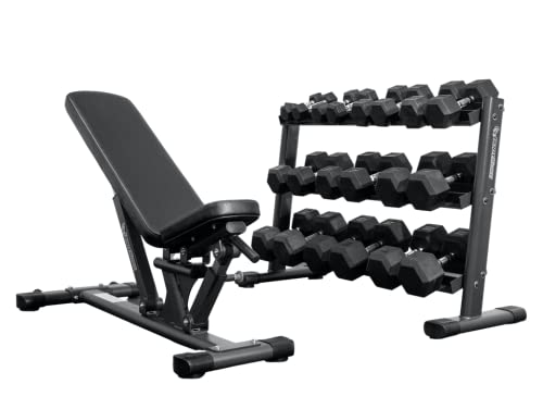 BodyKore 5-50Lb Rubber Hex Dumbbell Set with 3-Tier Rack & Adjustable Bench - Commercial & Home Gym Equipment for Strength Training, Weight Lifting, Full Body Workouts - Perfect for Home Fitness, Personal Training Studios & Commercial Gyms