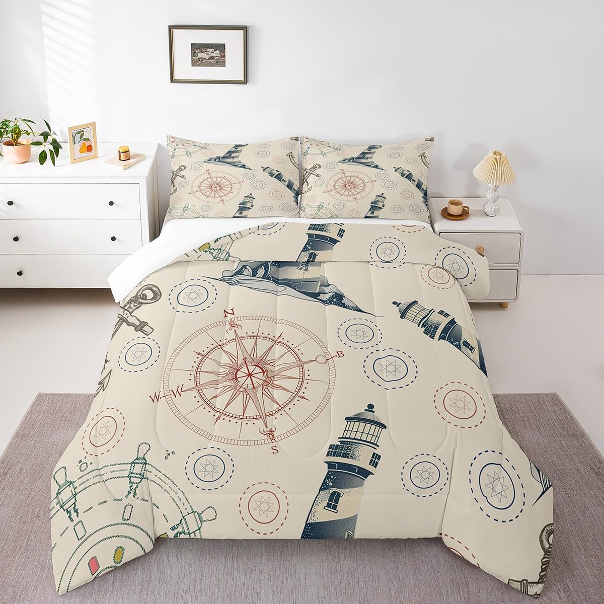 Nautical Lighthouse Comforter Set for Teens - Twin Size 2-Piece Bedding with Compass & Anchor Design, Retro Quilted Duvet Cover & Pillowcase - Perfect for Kids' Room, Beach House Decor & Coastal Themed Bedrooms