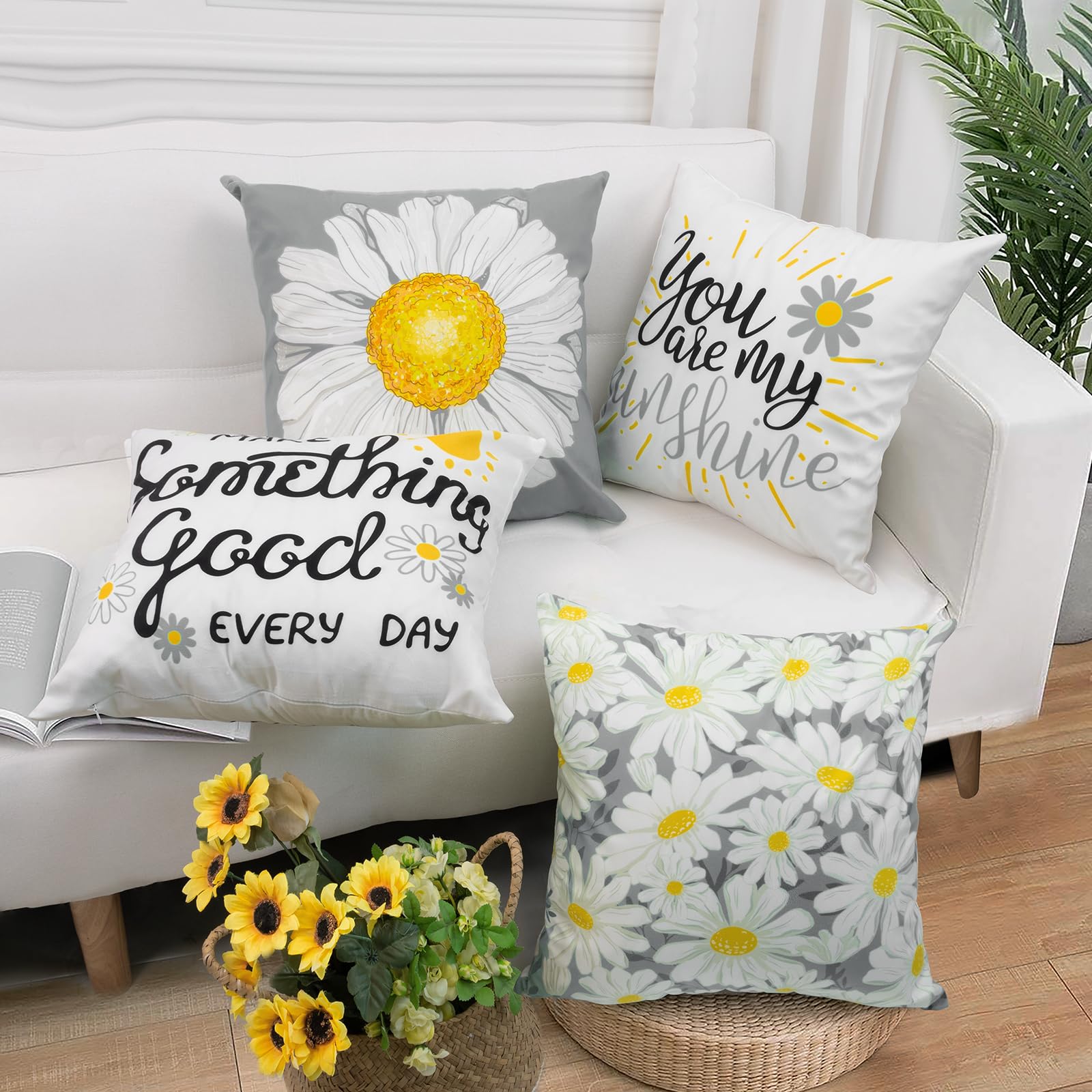 Farmhouse Decorative Throw Pillow Covers 18x18 Inch Set of 4 - Super Soft Couch Pillow Cases for Living Room, Sofa & Patio - Gray and White Boho Style Home Decor - Perfect for Cozy Reading Nook, Bedroom Accent or Outdoor Seating